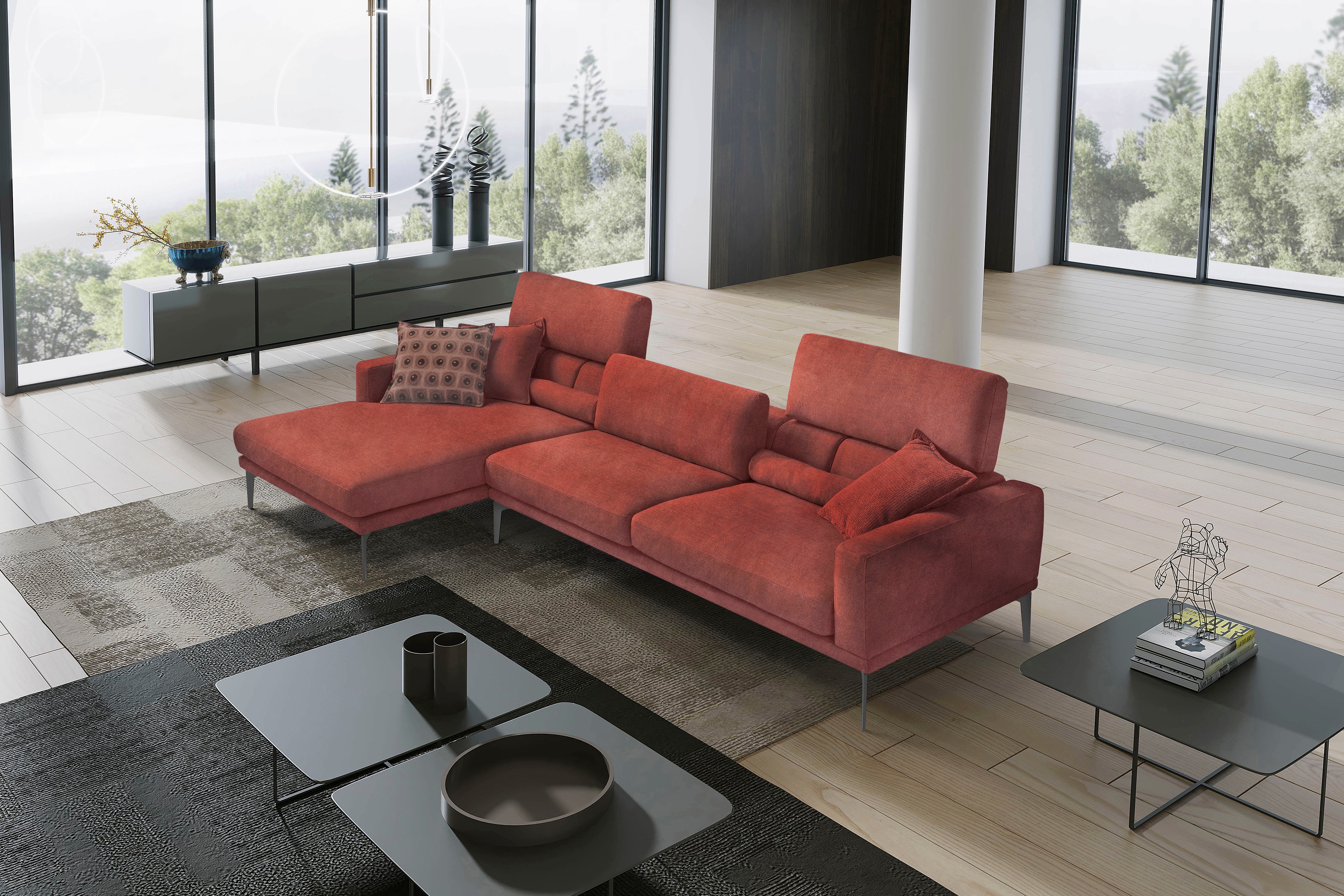 Egoitaliano Ecksofa "Masu, Design trifft sensationellen Sitzkomfort, Breite 277cm, L-Form" inkl. 2 Kissenrollen, Rückenelemente manuell verstellbar, Metallfüße