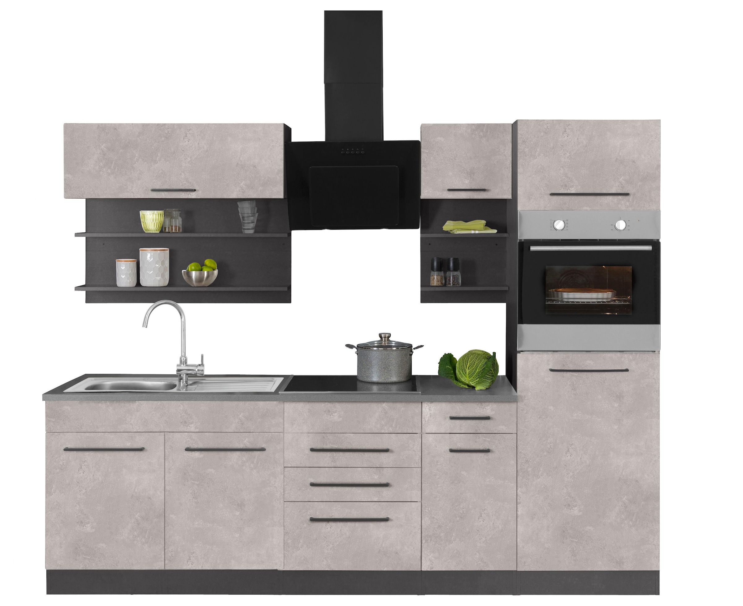 KOCHSTATION Küchenzeile »KS-Tulsa«, ohne E-Geräte, Breite 270 cm, schwarze Metallgriffe, MDF Fronten