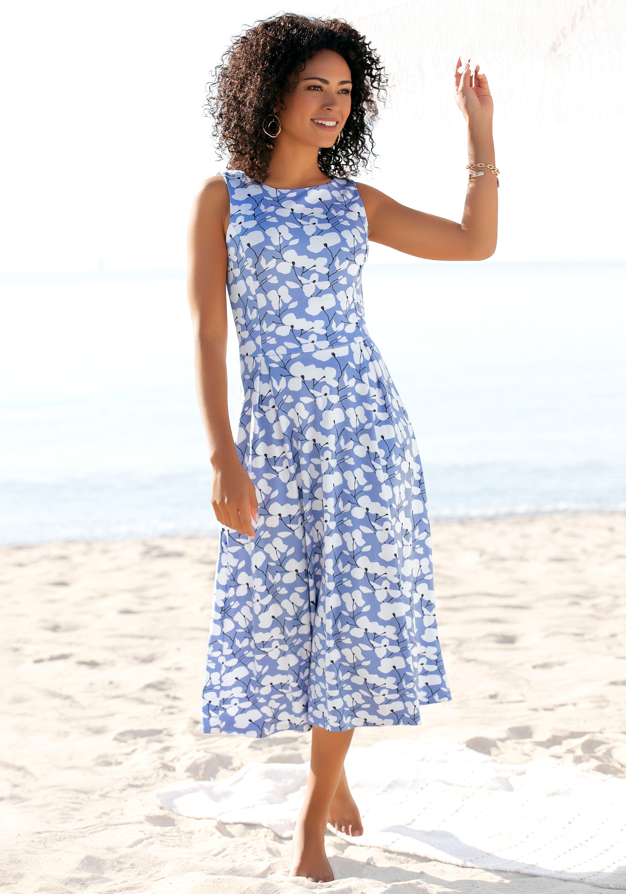 Beachtime by Lascana Midikleid "mit ausgestelltem Rockteil mit Blumendruck, Jerseykleid" Ohne Taschen Elegantes Sommerkleid, Druckkleid, A-Linien-Kleid, casual-chic