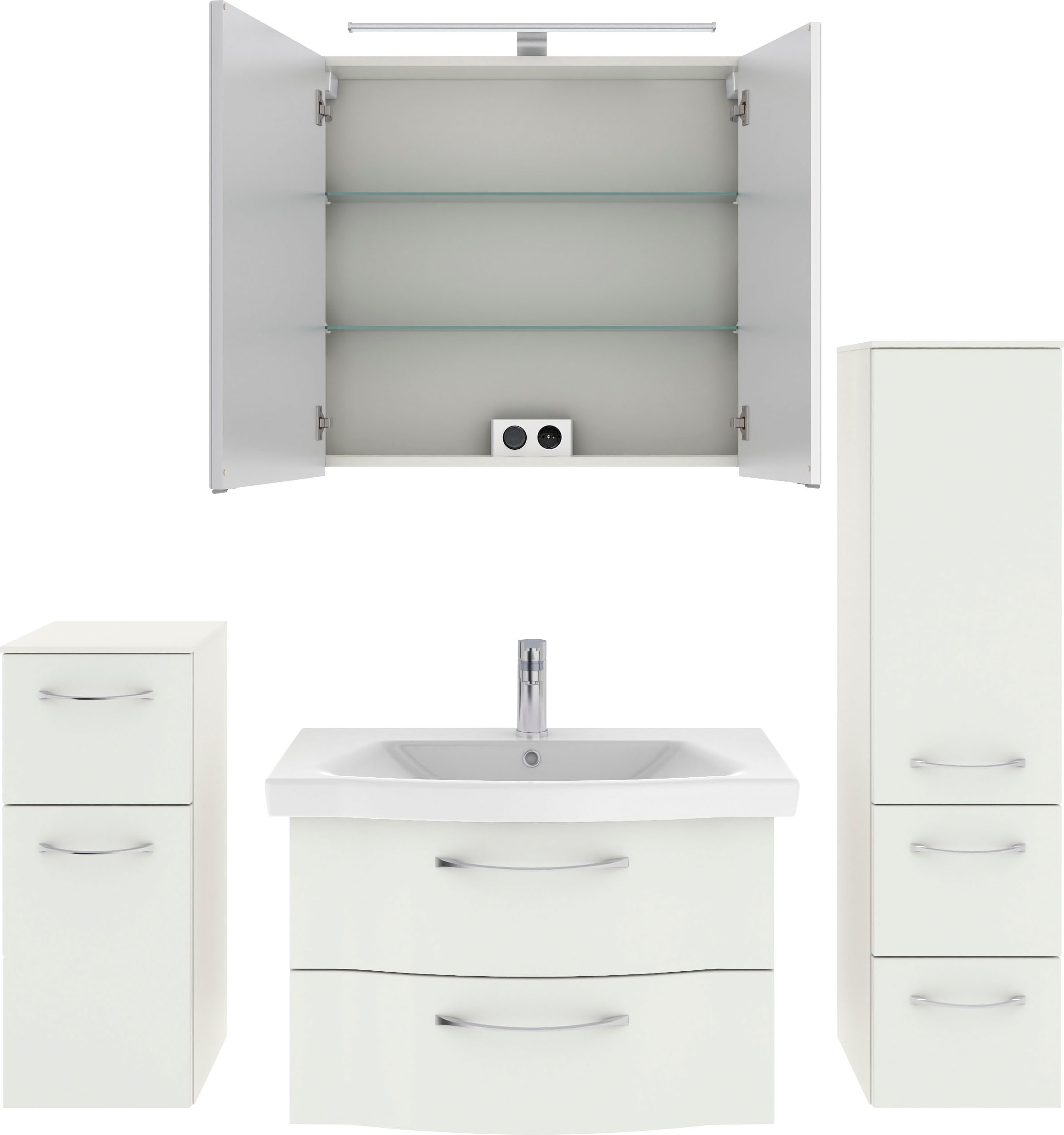 Saphir Badmöbel-Set »6005 Sprint 4-teilig, Keramik-Waschtisch mit LED-Spiegelschrank«, (5 St.), Unterschrank, Midischrank, inkl. Türdämpfer, 4 Türen, 5 Schubladen