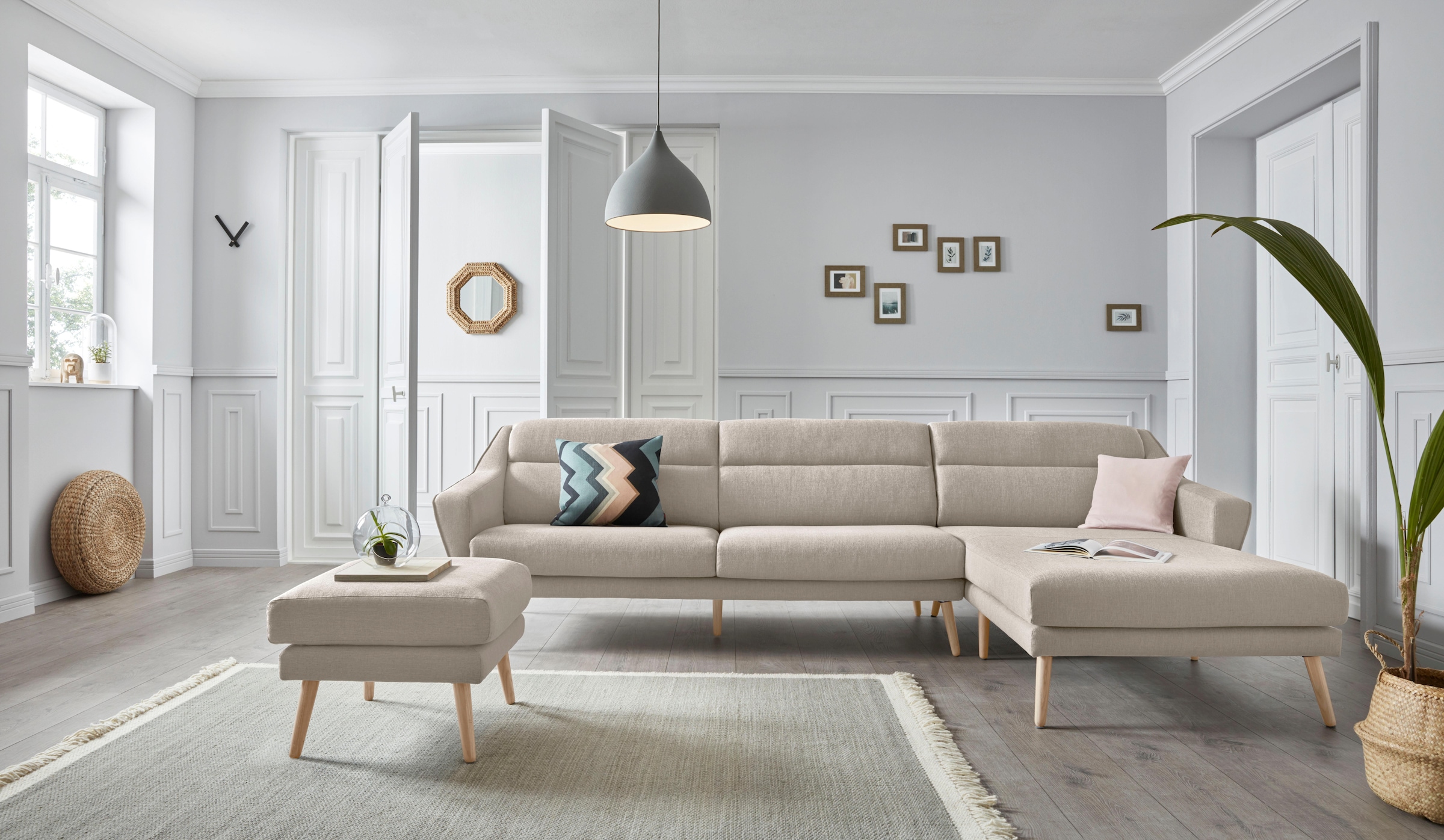 OTTO home Ecksofa »Bille L-Form« mit Naht im Rückenkissen und Beinen aus Eichenholz