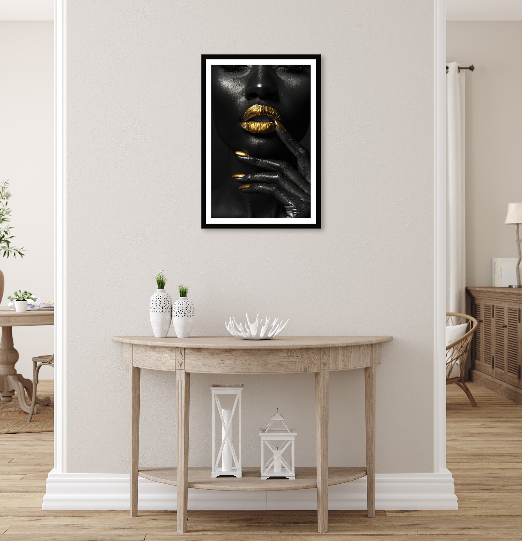 Bönninghoff Bild mit Rahmen »Wandbild gerahmt FRAU SCHWARZ WEISS GOLD 50x70 cm – Modernes Glamour« Fashion | Frau | Gesicht | Kunst | Modern | Porträts 1 Stk. tlg. mit dekorativem Rahmen
