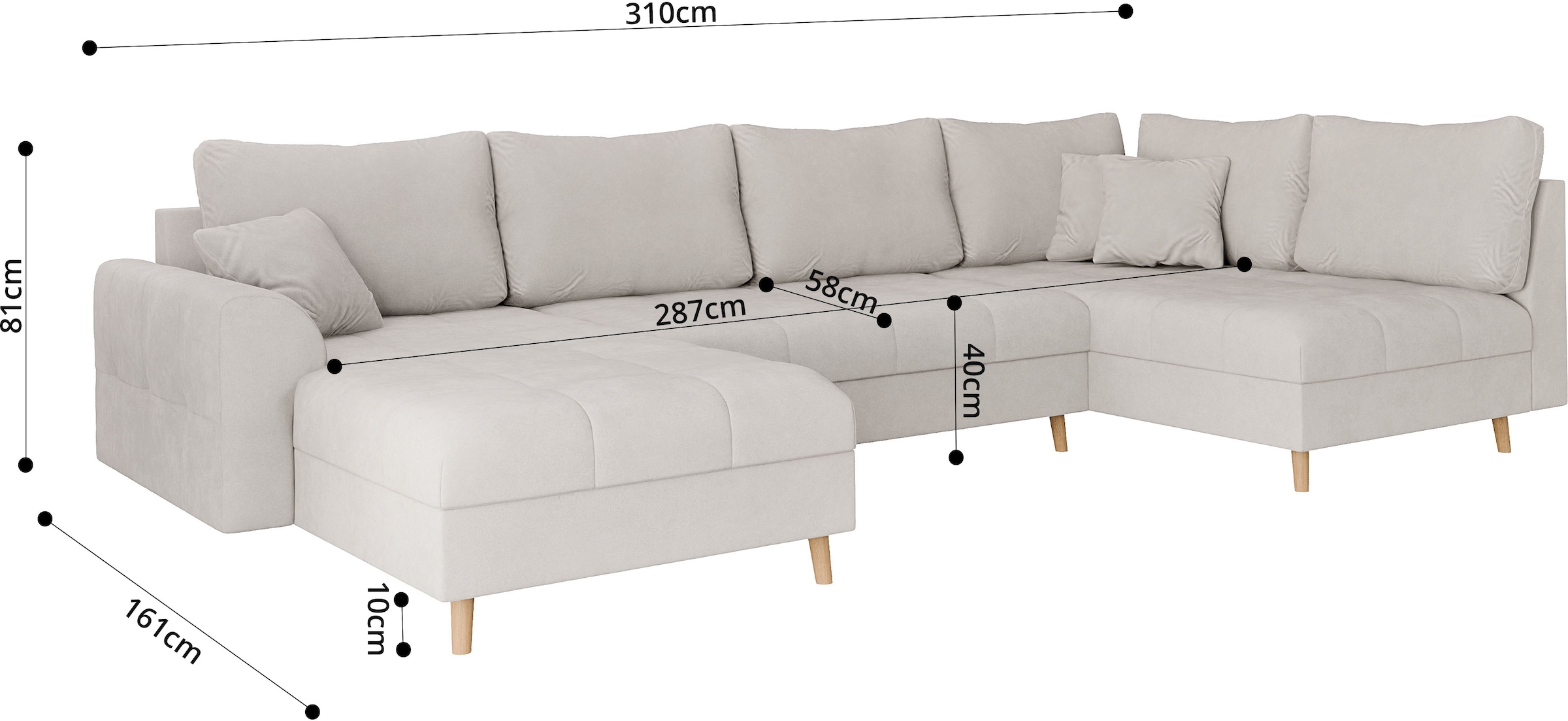 Home affaire Wohnlandschaft »CHARRE U-Form mit Ottomane, Maße B/T/H: 310/161/81 cm«, feine Steppung, lose Rücken- und Zierkissen, auch in Cord und Bouclé