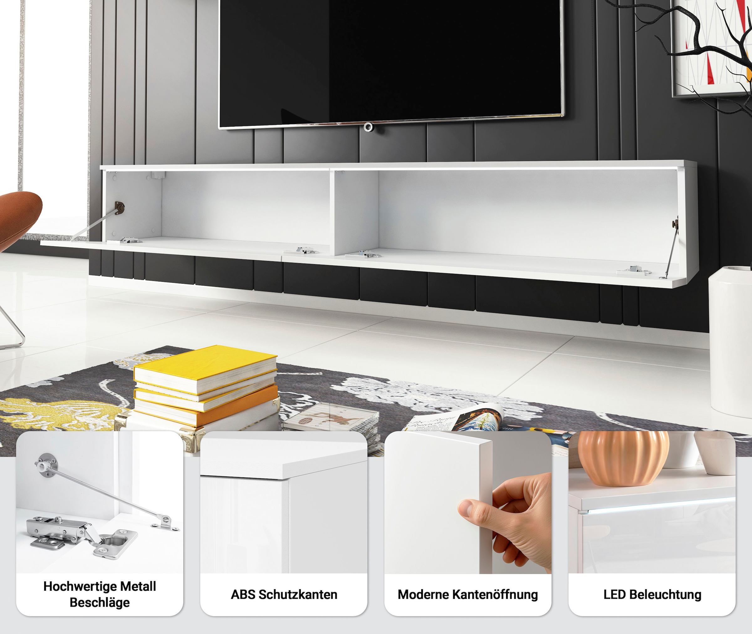 INOSIGN Lowboard »LOWBOARD VERA, wahlweise mit oder ohne Beleuchtung«, Modernes griffloses TV-Board, 180 cm TV-Schrank, stehend und hängend