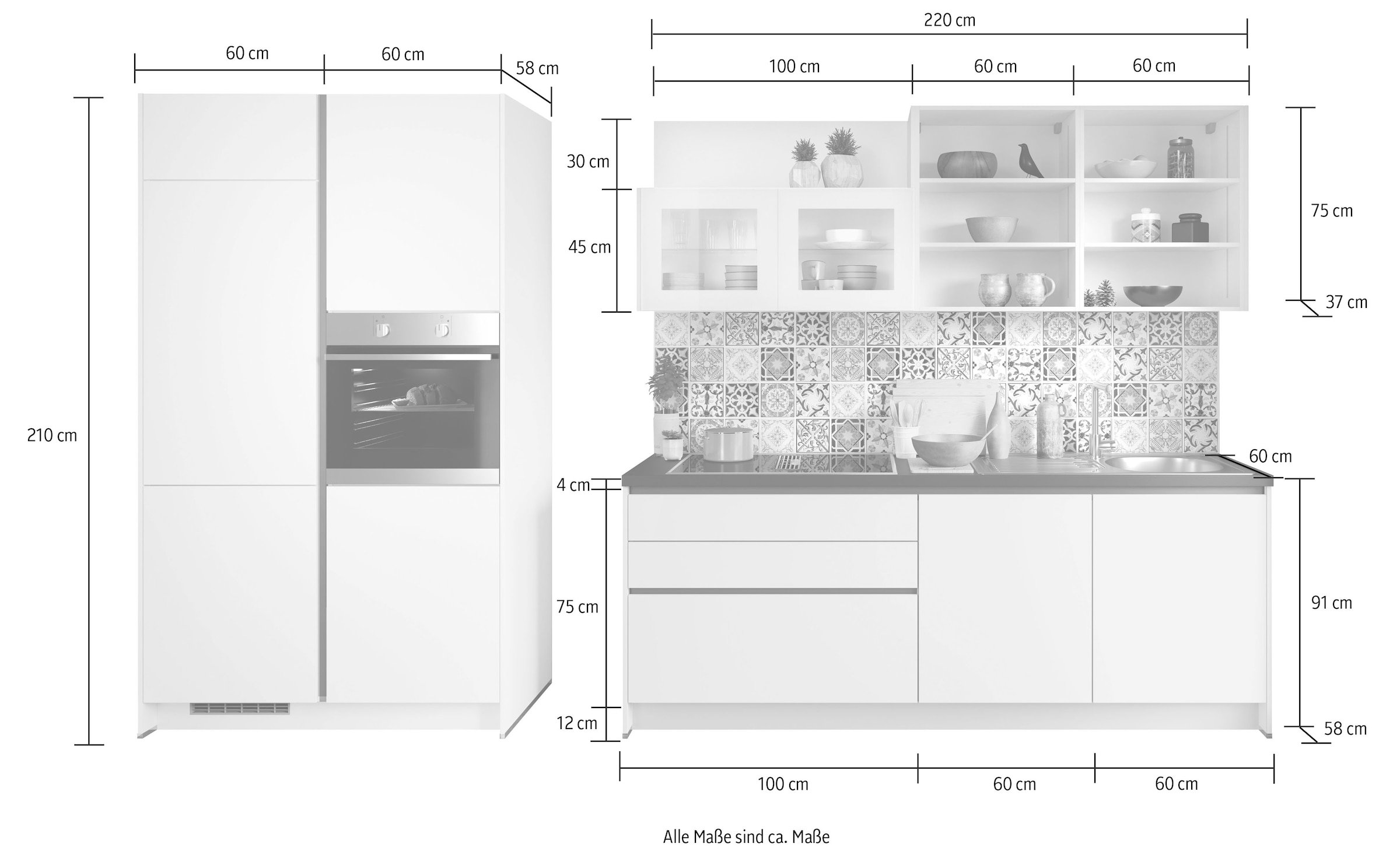 KOCHSTATION Küche »KS-Tokio, NEU wahlweise mit Kochfeldabzug und weiteren E-Geräten«, vormontiert, wahlweise mit Beleuchtung, mit Vollauszug, Breite 340 cm