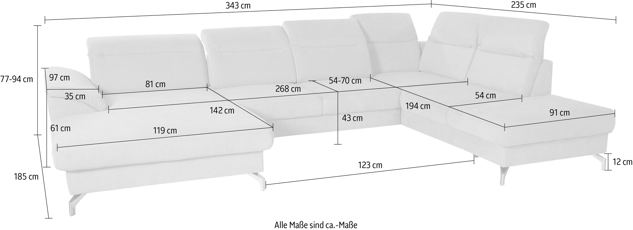 sit&more Wohnlandschaft »Percy U-Form«, 15 cm Fußhöhe, Sitztiefenverstellung, wahlweise in 2 Fußfarben