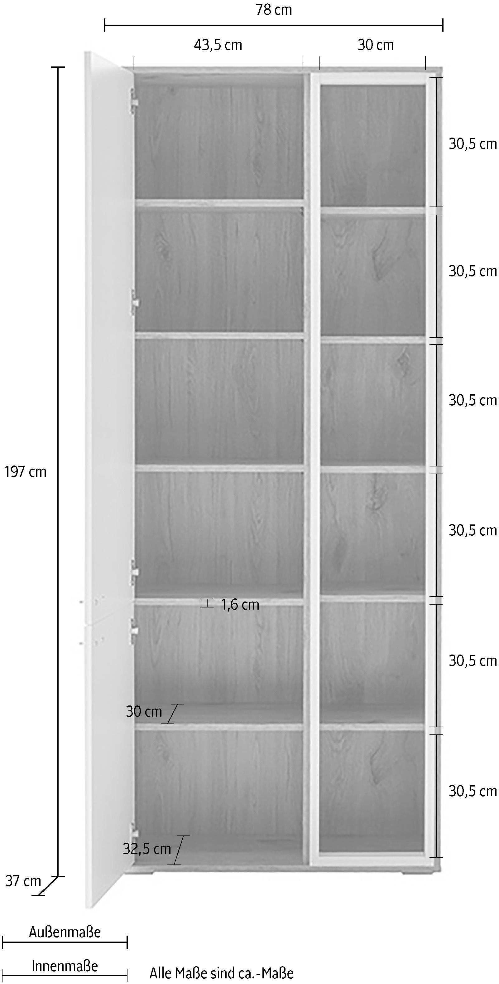 MCA furniture Vitrine »SANTERNO«, 2 Türen gedämpft, 6 Fächer, Metallgriffe nickelfarbig, Höhe 197 cm