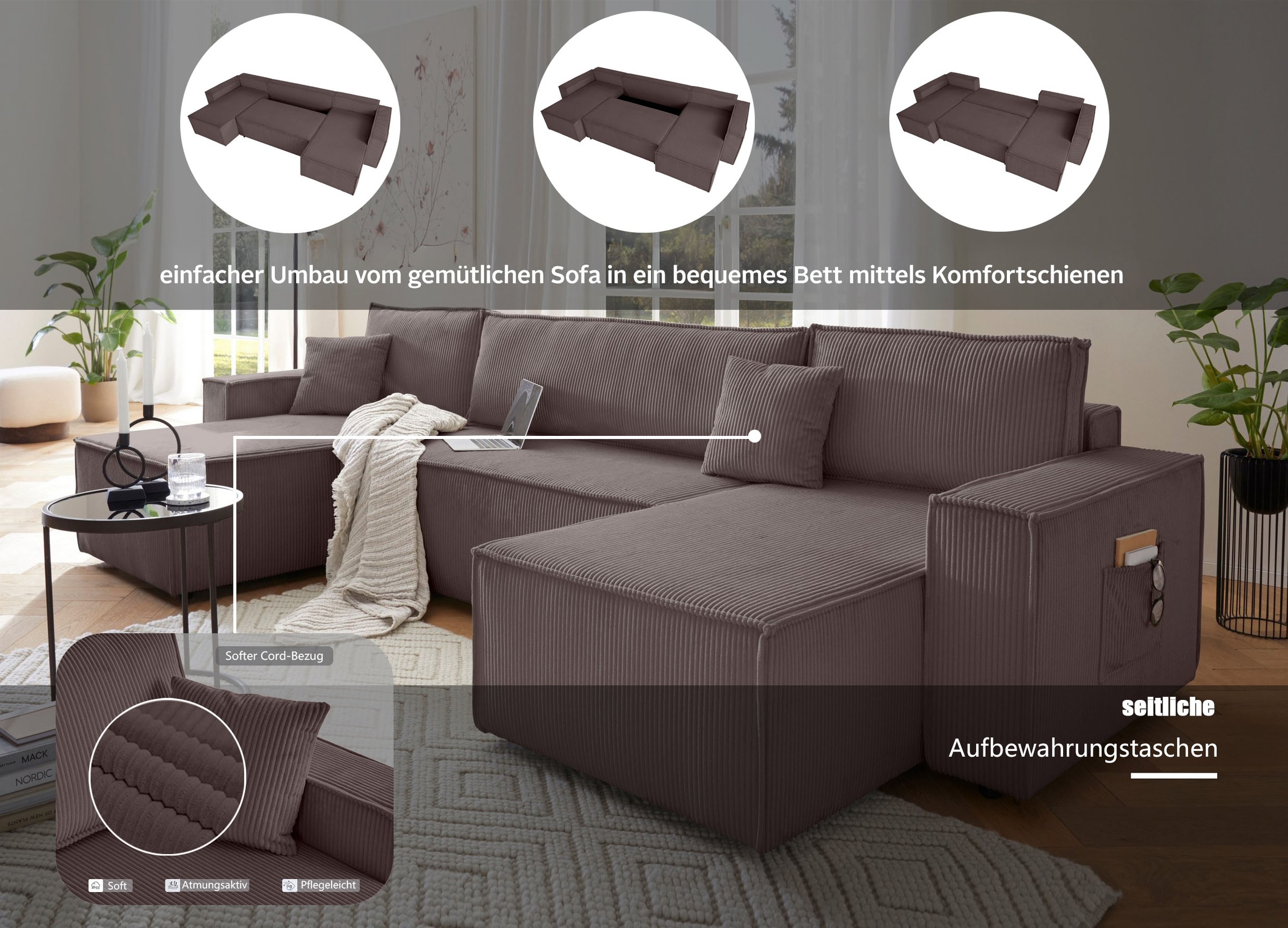 Thumbnail - OTTO home Wohnlandschaft "CASSI L-Form, 311cm - OTTO. Verlässliche Qualität." Schlaffunktion (133/200), Bettkasten, Cord...