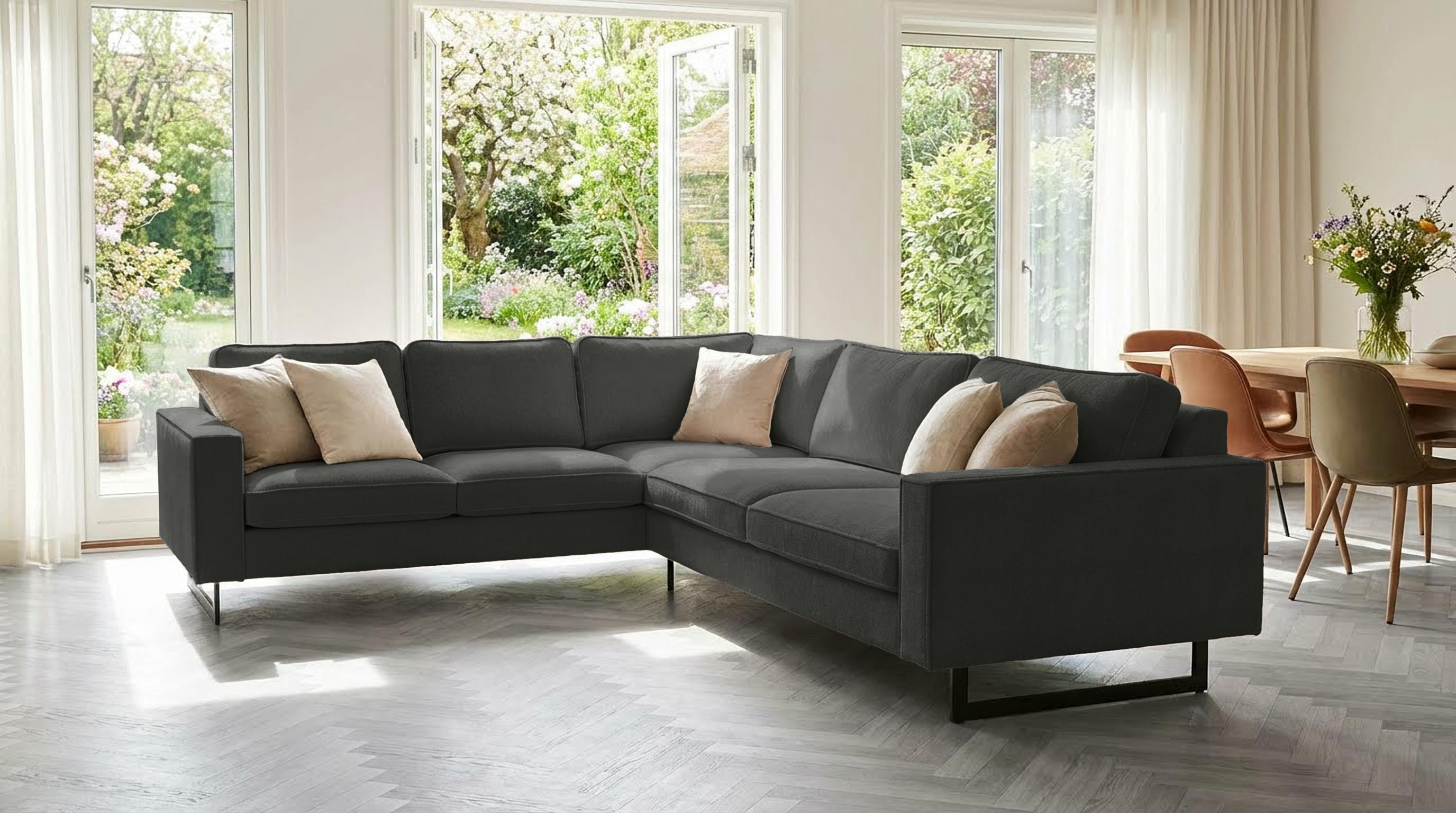 OTTO home Ecksofa "Pinto, XXL, 250/290 cm, langer Schenkel, Ottomane" Cord, Chenille, Lederoptik, mit Keder, Metallfüße, Wellenunterfederung