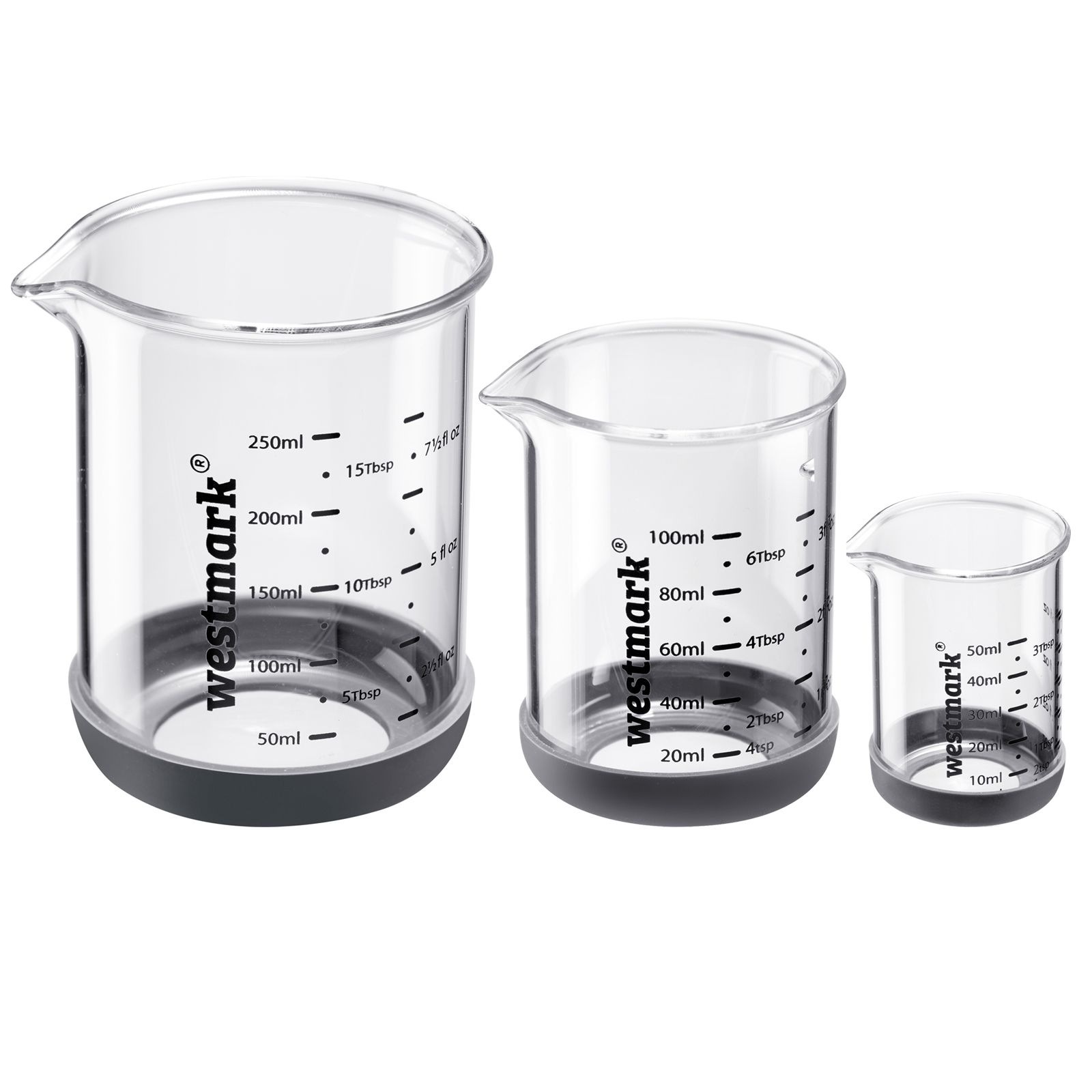 WESTMARK Messbecher "Messglas-Set, 3tlg., 50, 100, 250 ml" Borosilikatglas Silikon Set, 3 Stk. tlg. Skalen in ml, Tbsp, tsp und fl oz