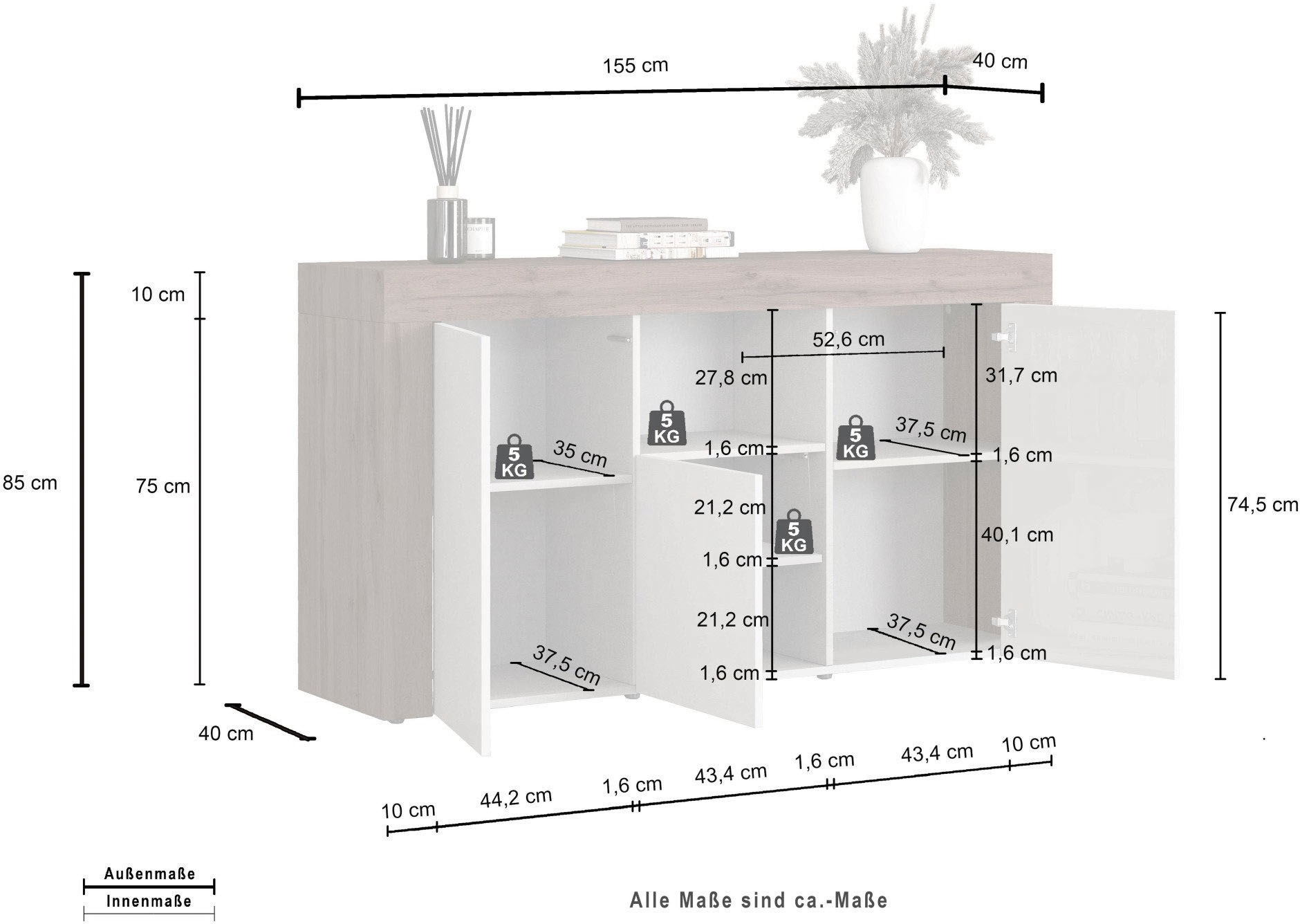 INOSIGN Sideboard »CHRONOS Breite 155 cm mit 3 Türen, 1 offenes und 6 geschlossene Fächer«, (1 St.), Sideboard,Kommode, Schrank, Grifflos mit Push to Open, Made in Italy