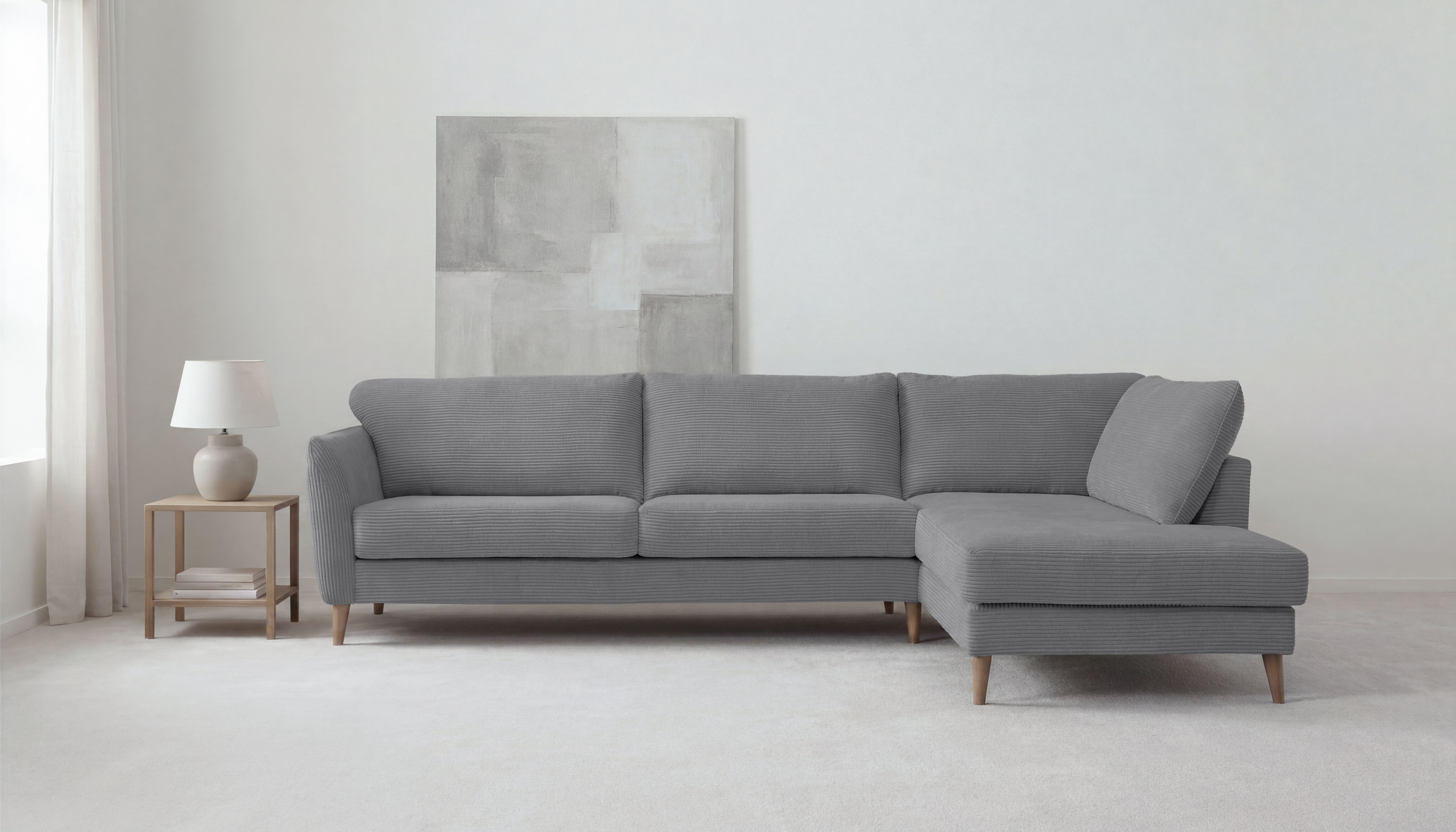 OTTO home Ecksofa "MARSEILLE 278/202 cm, L-Form, Ottom. rechts/links, verschiedene Bezüge" Massivholzbeine Eiche, Landhausstil, Wellenunterfederung