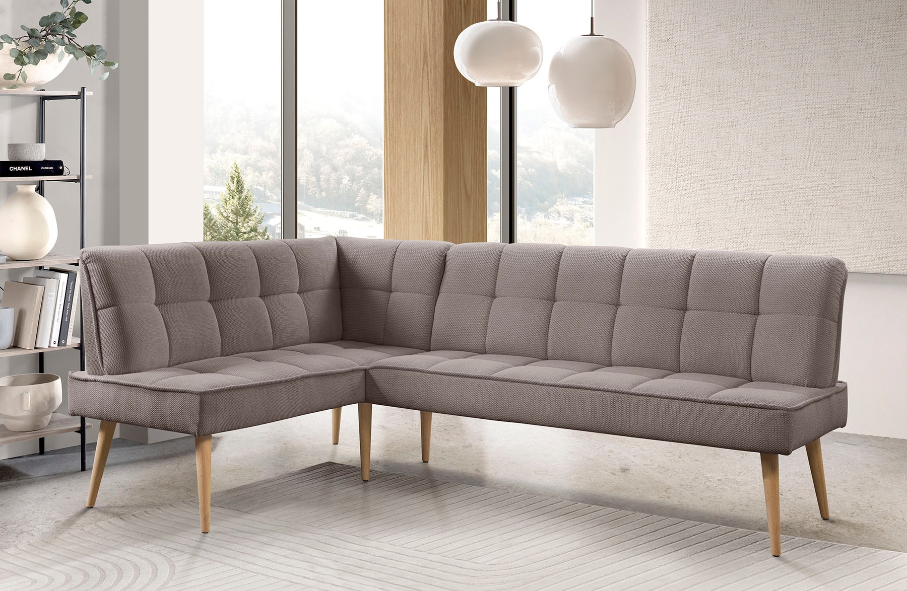 Eckbank EXXPO - SOFA FASHION "Latte", latte, B:234cm H:95cm T:156cm, 94% PES, 6% NY, Sitzbänke, Eckbank, moderne Sitz- und Rückensteppung, bequem und elegant, hoher Holzfuß