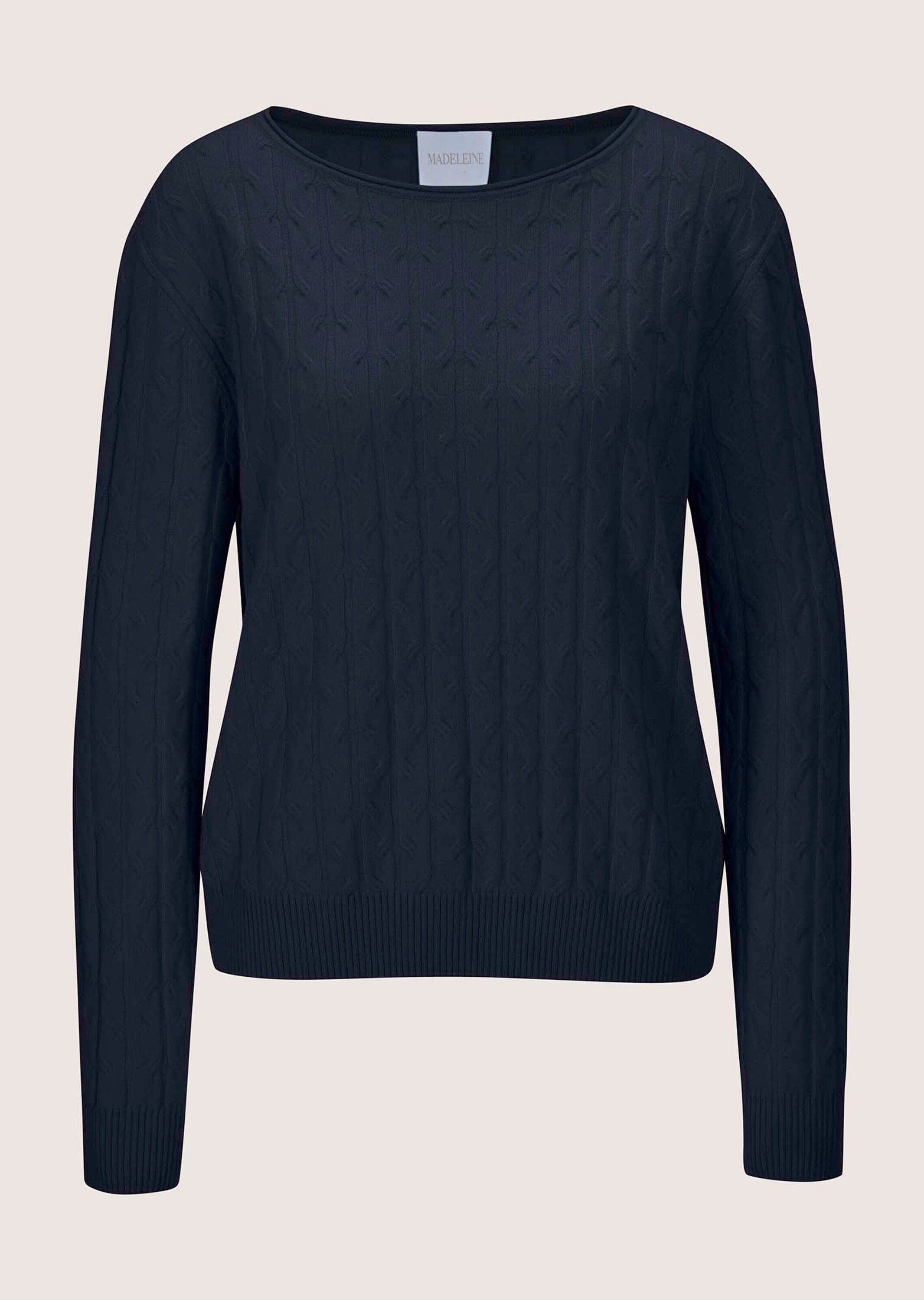 Longpullover MADELEINE "Strickpullover Eleganter Wollpullover mit Zopfmuster", Damen, Gr. 40/42, blau (marine), Obermaterial: 100% Schurwolle WV., Modern, Pullover Longpullover, Allover-Zopfmuster