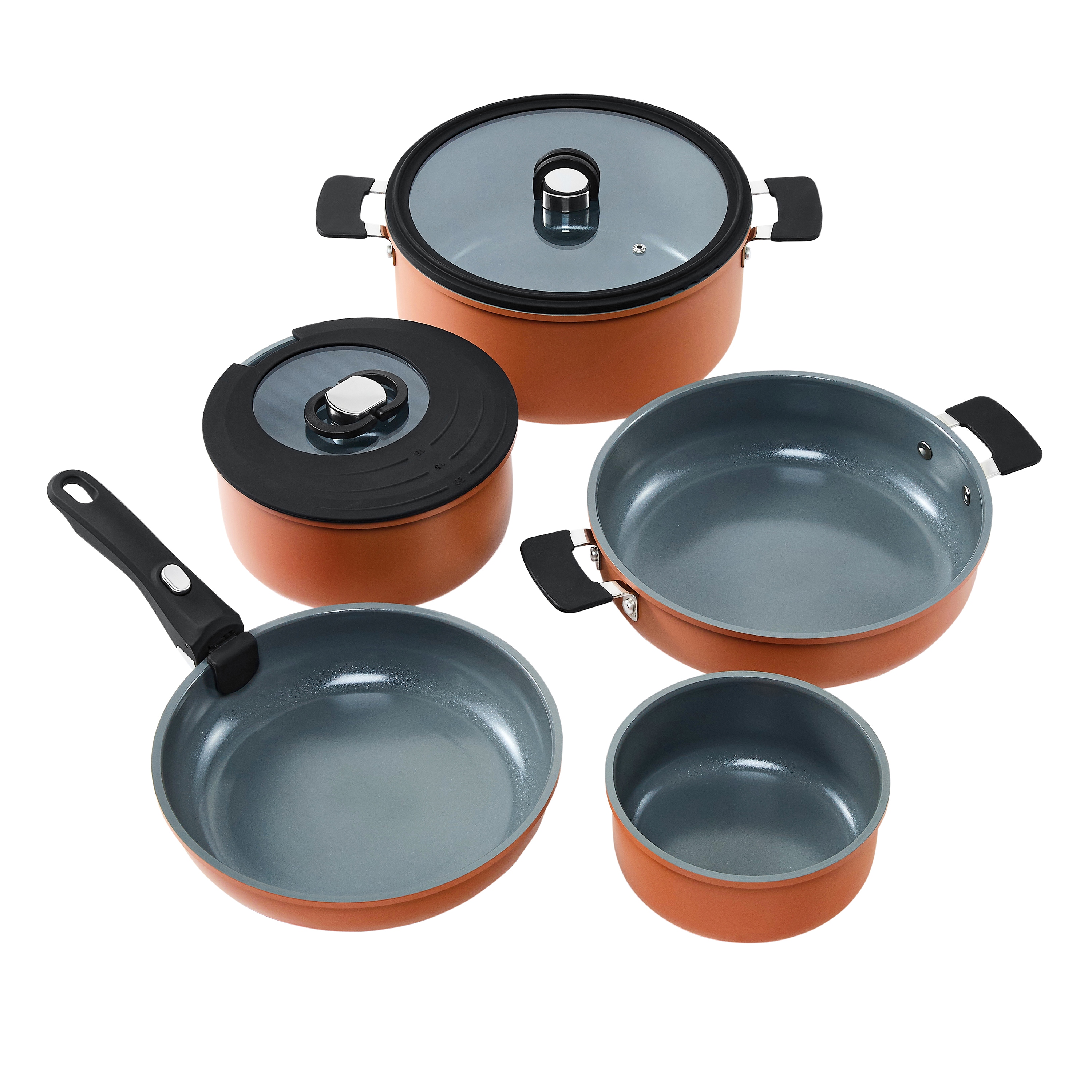 RESTO Kitchenware Topf-Set "SAVE & STOCK Multifunktionales Stapelbares Set im Geschenkkarton" Set, 1x Soßentopf, 2x Kochtopf, 2x Bratpfanne, 1x Griff, 2x Deckel, 8 tlg. Aluminium