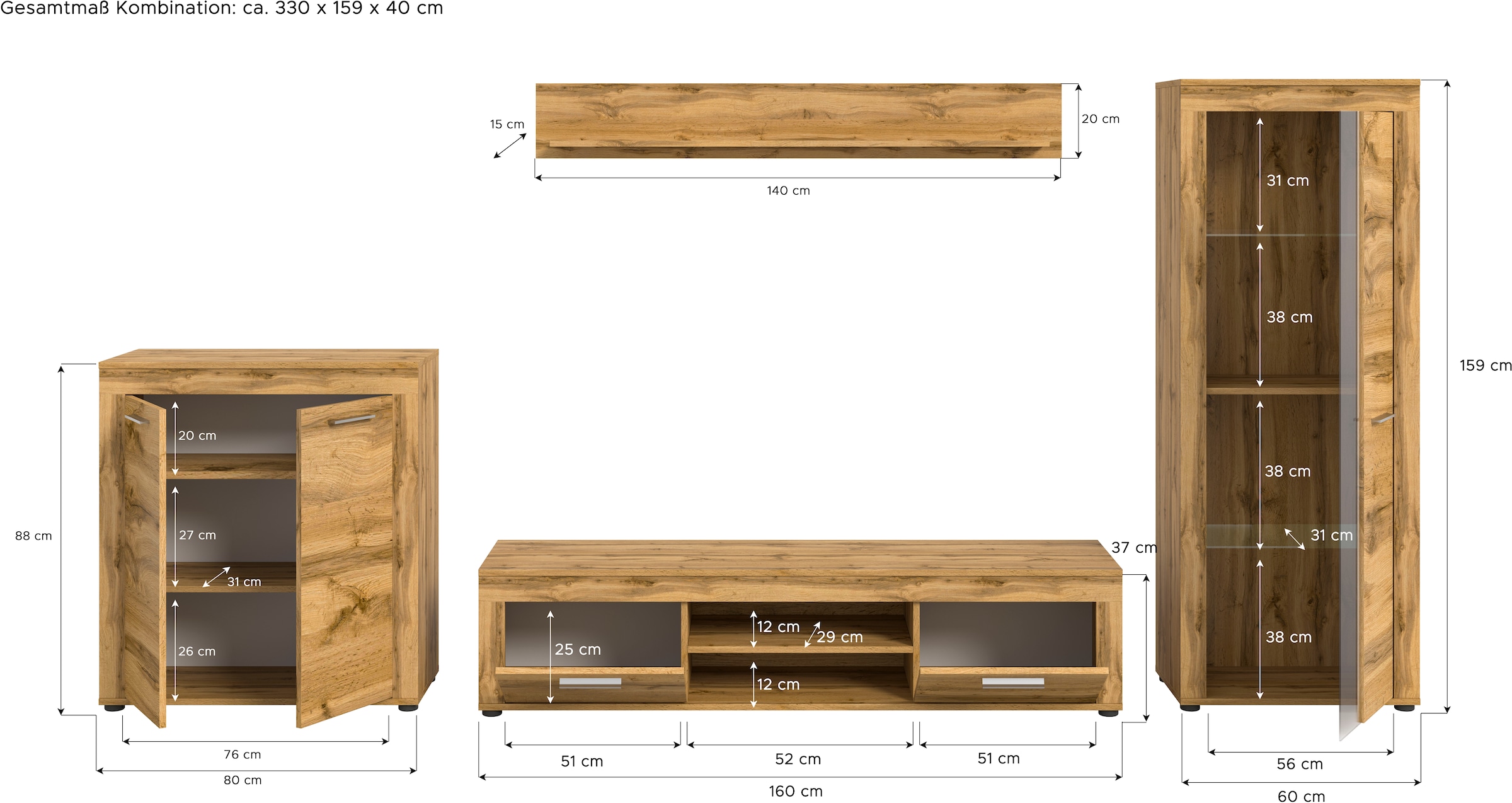 INOSIGN Wohnwand »Aosta, Breite 330cm, best. aus Highboard, Lowboard, Wandboard, Vitrine«, (4 St.), Wohnwand, Kombination, Anbauwand, Möbel Set, Schrankwand, Möbel Kombi