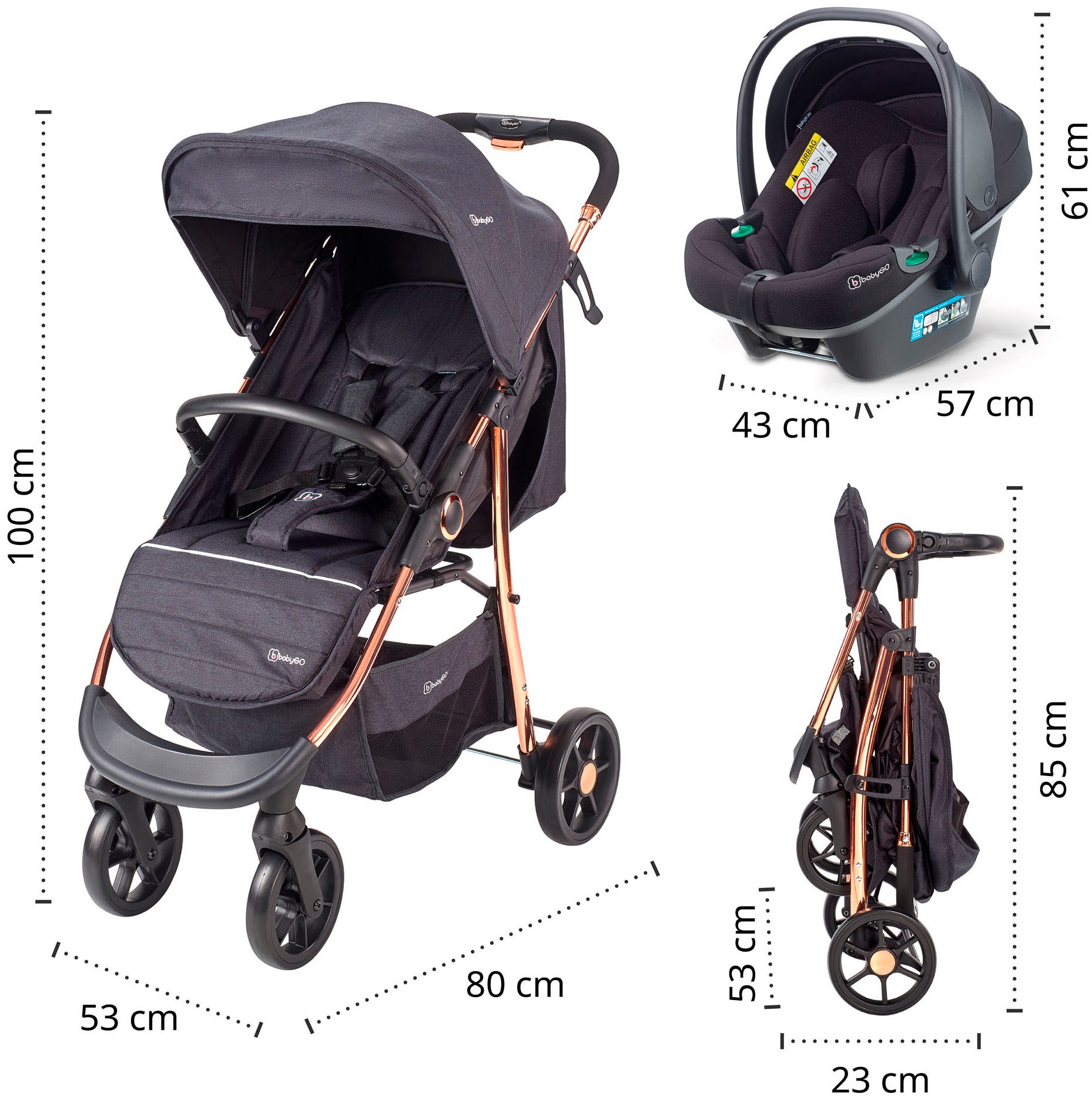 BabyGo Kombi-Kinderwagen »Style - 3in1« inkl. Babyschale mit Adaptern u. Wickeltasche