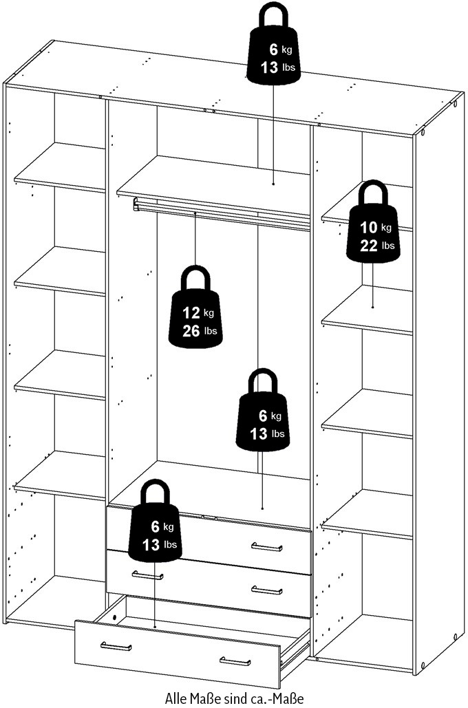 Home affaire Kleiderschrank, Mit viel Stauraum, graue Stangengriffe, Gr. ca. 200,4 x 154 x 49,5 cm