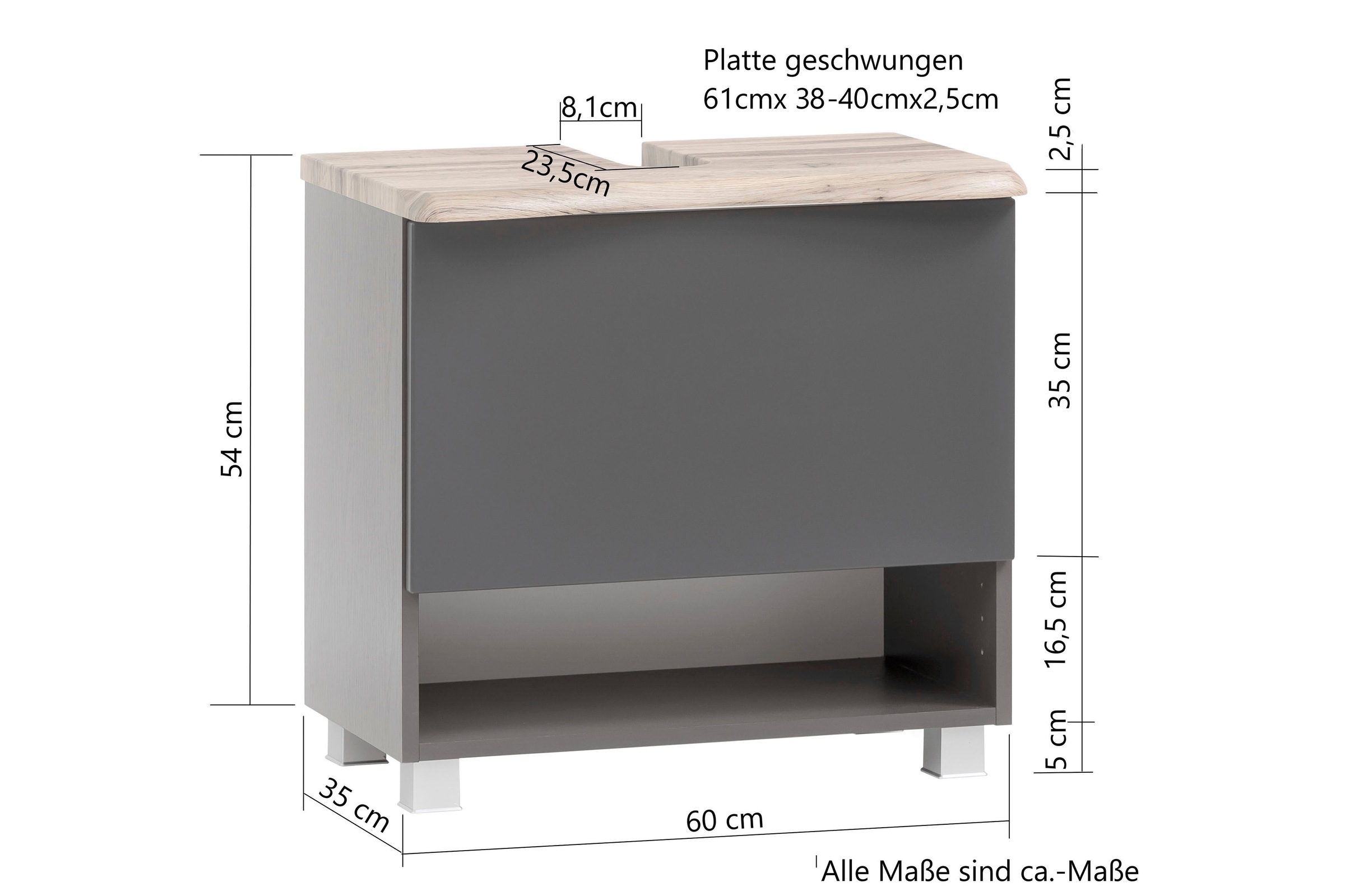 welltime Waschbeckenunterschrank »Stubach«, Bad Schrank, Abdeckplatte mit Baumkante, Breite 60 cm