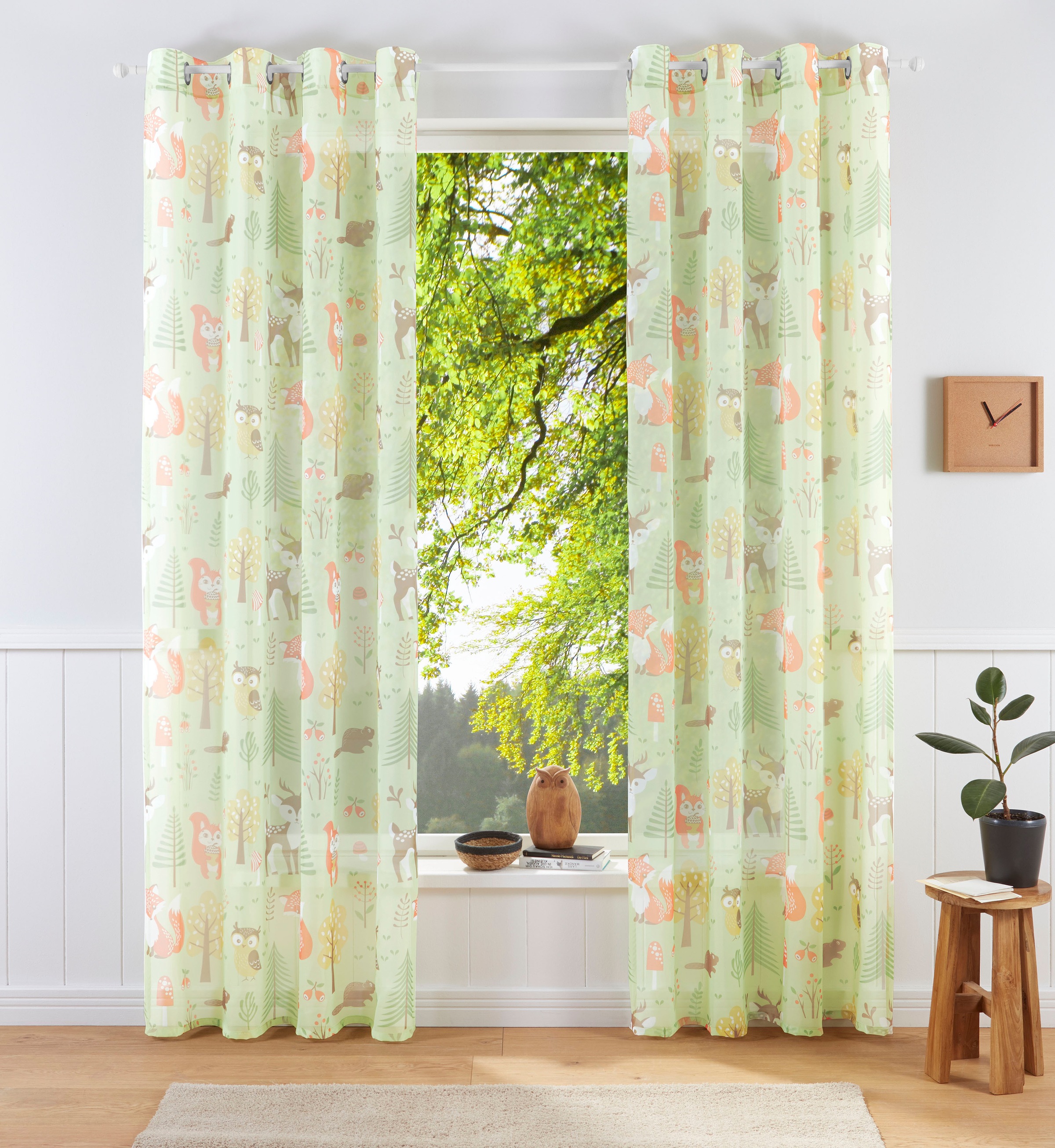 Gardine MY HOME, B:140cm H:225cm, grün, Voile, Polyester, Wohnzimmer, Gardinen, "Waldtiere", bedruckte Kindergardine, verschiedene Größen