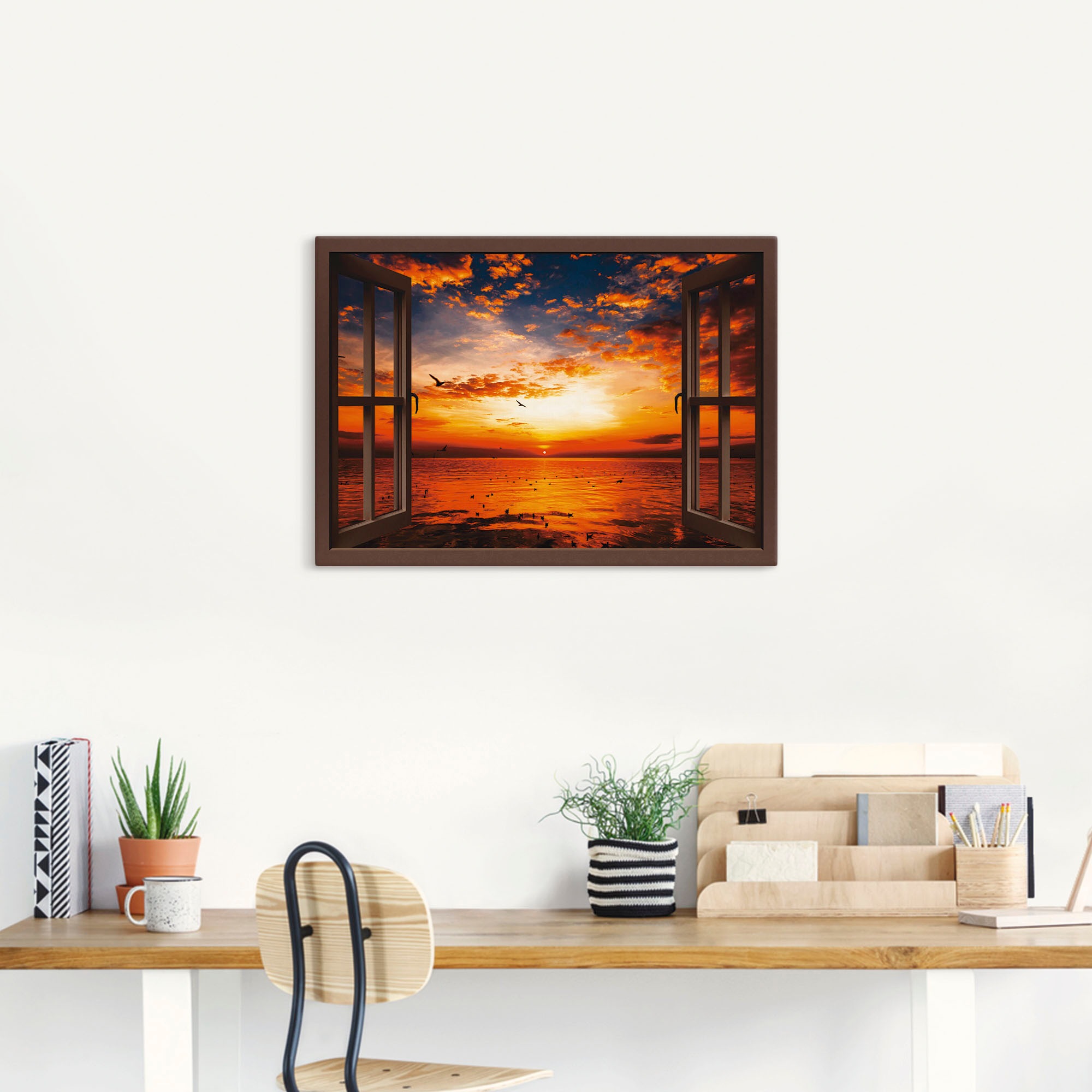 Artland Wandbild »Fensterblick Sonnenuntergang am Strand«, Fensterblick, (1 St.), als Leinwandbild, Poster, Wandaufkleber in verschied. Größen