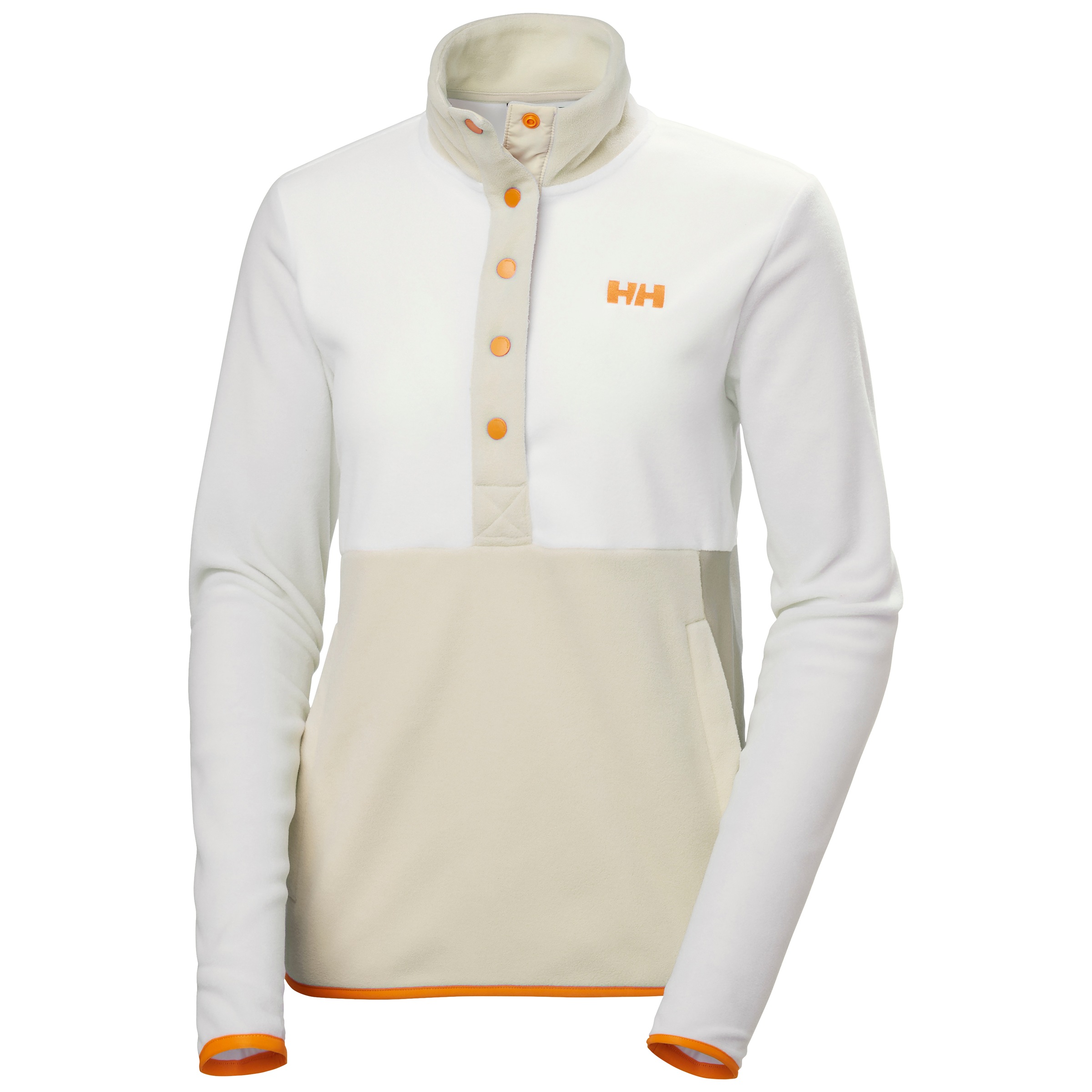Fleecepullover HELLY HANSEN "W DAYBREAKER SNAP PULLOVER", Damen, Gr. M, snow, Fleece, Obermaterial: 100% Polyester, figurumspielend hüftbedeckend, Rundhals, eingefasste Kante kontrastfarben, Sweatshirts Fleecepullover, Colorblocking Look, sportlicher Stil