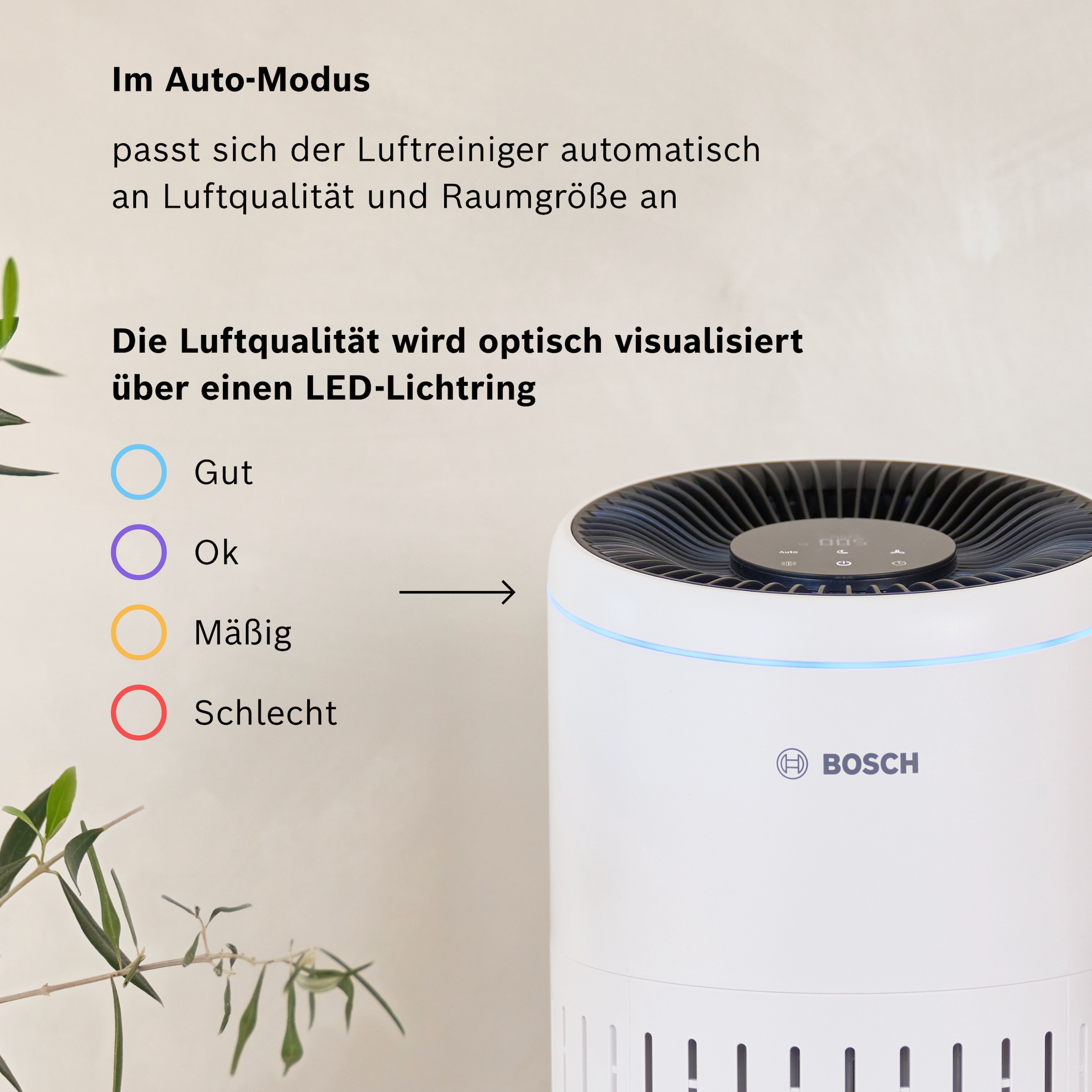 BOSCH Luftreiniger »Air 2000, filtert über 99% der Schadstoffe« für 37 qm Räume mit 3-in-1 Luftfilter, Automatik- und Ruhemodus )