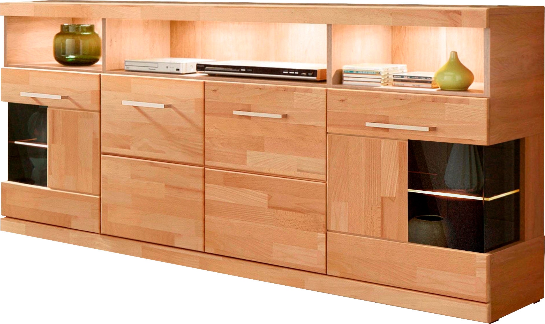 OTTO home Sideboard "RIBE20 Fronten massiv,Korpus Melamin, 2 Türen mit Glaseinsatz" B/T/H: 180/35/80cm, 3 offene Fächer und 6 geschlossene, Kernbuche