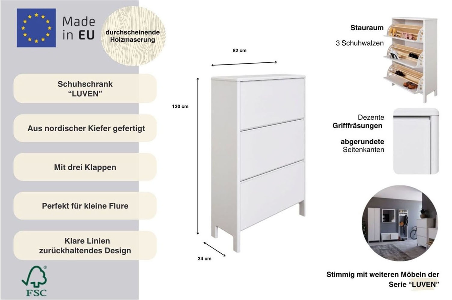Home affaire Schuhschrank »Luven« FSC® zertifiziertes Massivholz, mit 3 Klappen