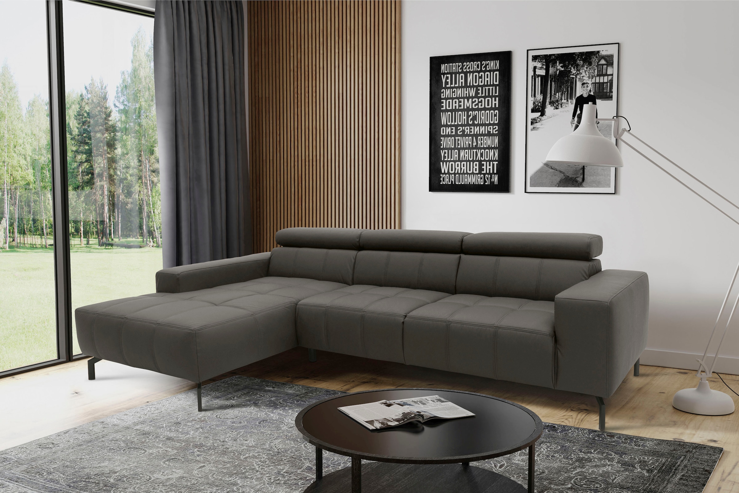 DOMO collection Ecksofa "Cunelli tolle Sitznähte als Designelement, fester Sitzkomfort, L-Form" whlw. verstellbare Kopfteile, passend für gängige Saugroboter