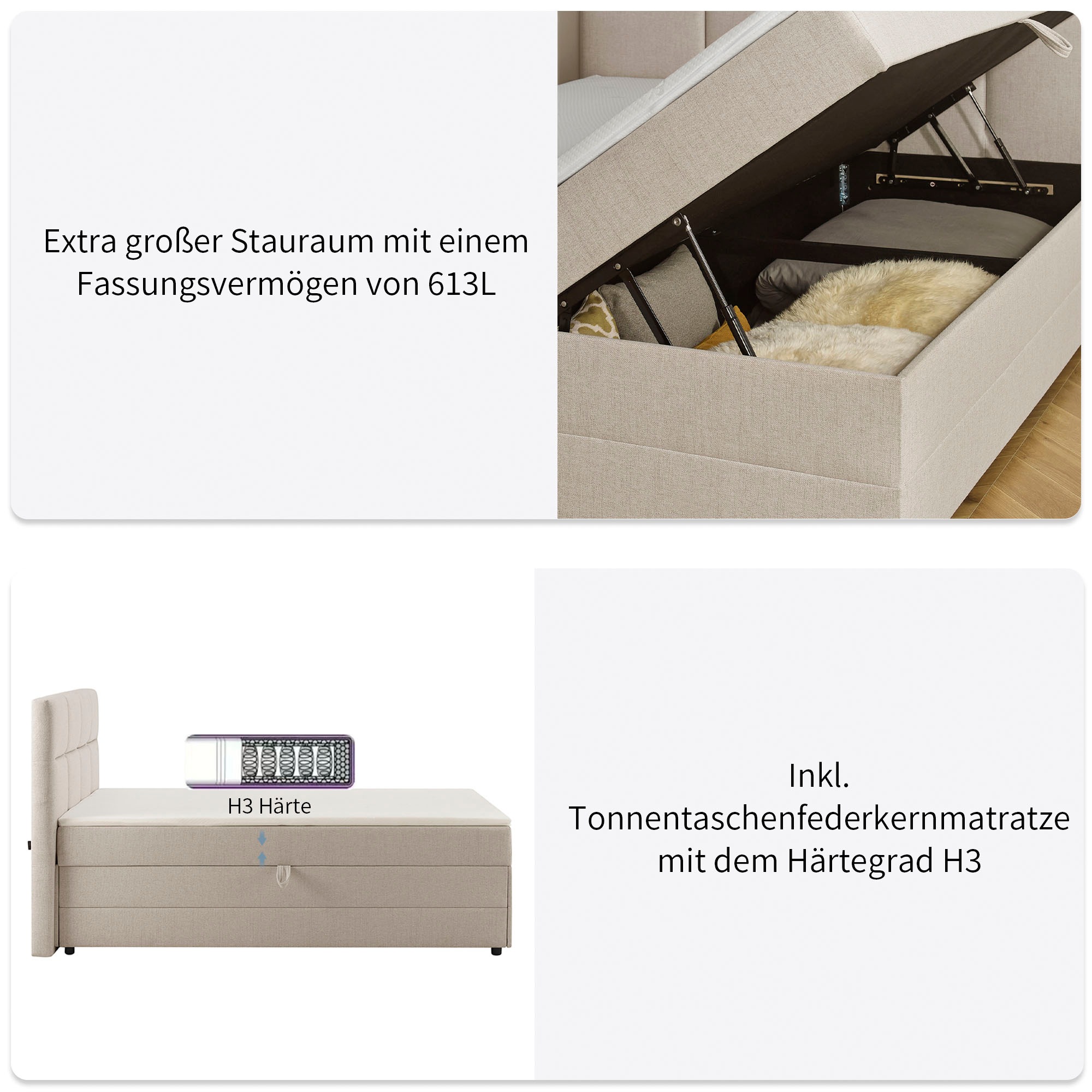 INOSIGN Boxbett »Fillmore inkl. Bettkasten, Liegefläche 180x200 cm, in Boxspring-Optik«, inkl. Topper, erhältlich in verschiedenen Farben