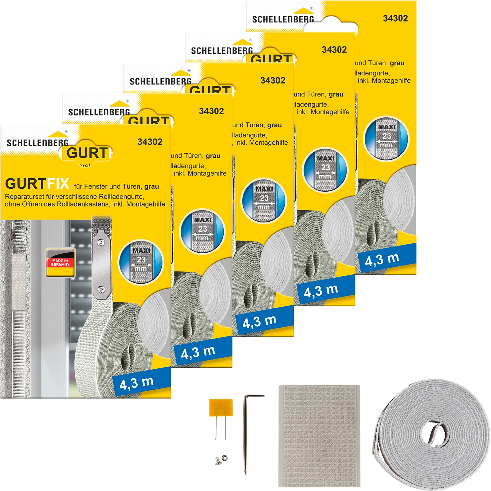 SCHELLENBERG Reparatur-Set "Rollladen Gurtfix für das Rollladensystem Maxi" Set, 5 Stk. tlg. für alte Gurtbänder in unterschiedlichen Farben, 23 mm x 4,3 m
