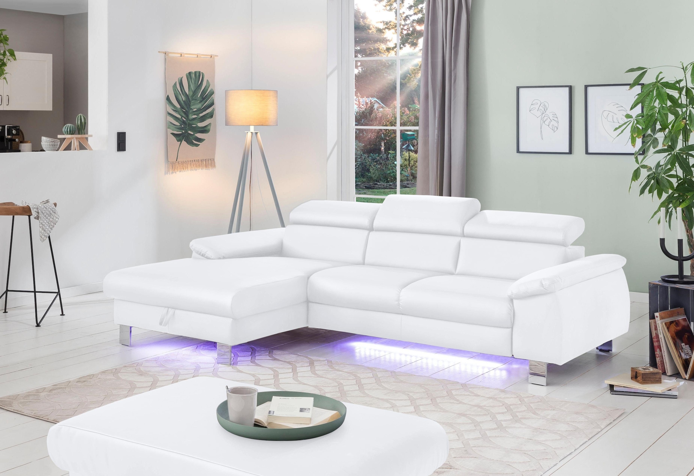 COTTA Ecksofa Komaris, Ecksofa, wahlweise mit RGB-LED-Beleuchtung und Bettfunktion/Bettkasten