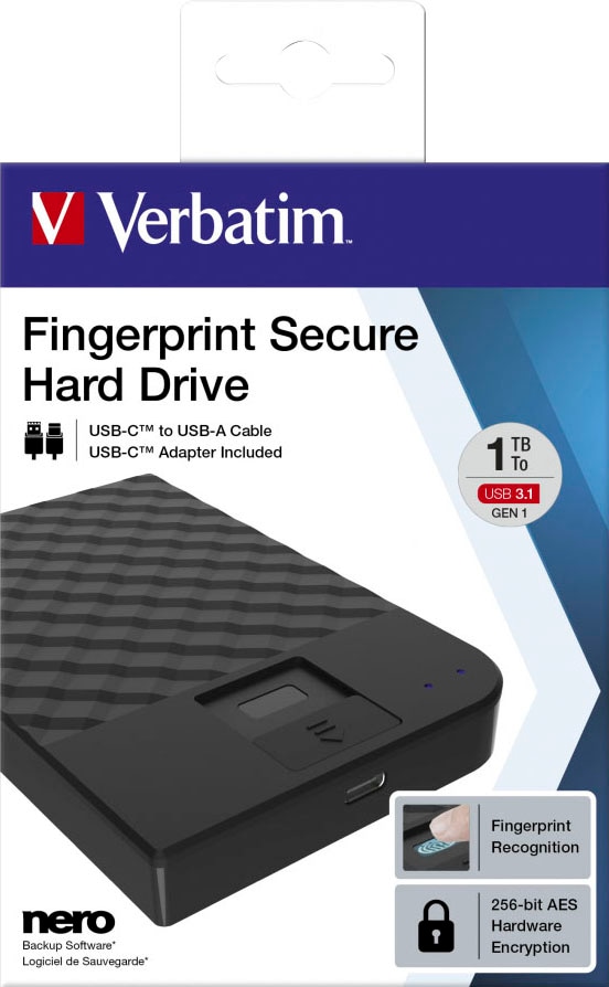 Verbatim externe HDD-Festplatte »Fingerprint Secure«, 2,5 Zoll, Anschluss USB 3.1 Gen-1