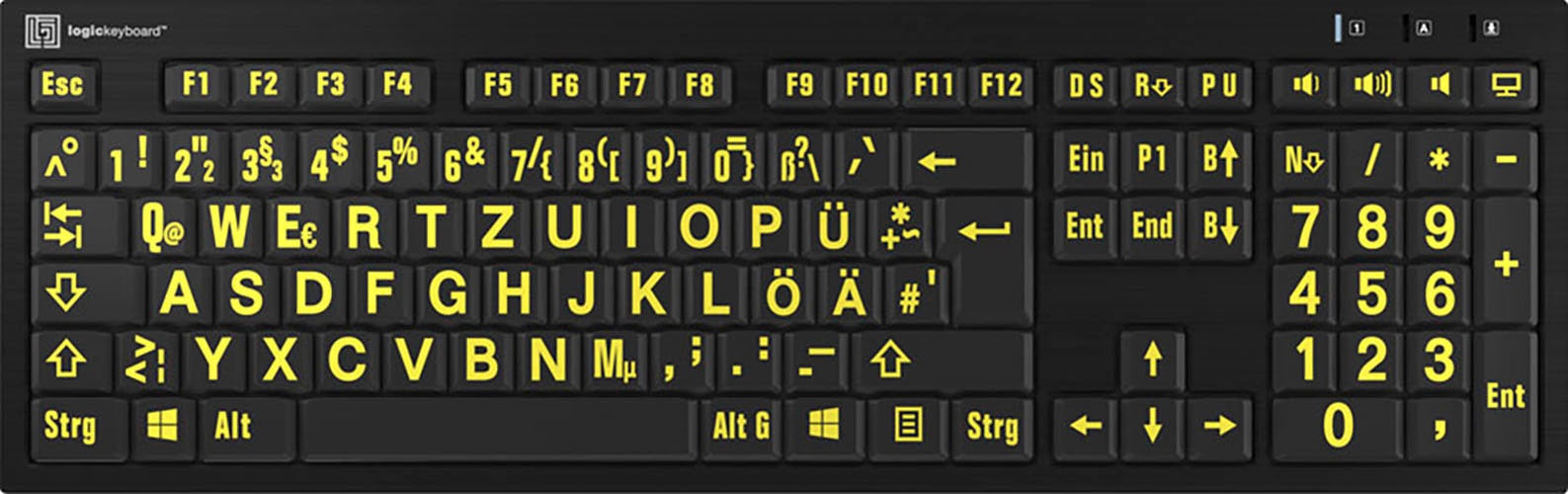 Logickeyboard Slimline-Tastatur »XL-Print Yellow on Black DE (PC/Nero)«, (Ziffernblock-USB-Hub)