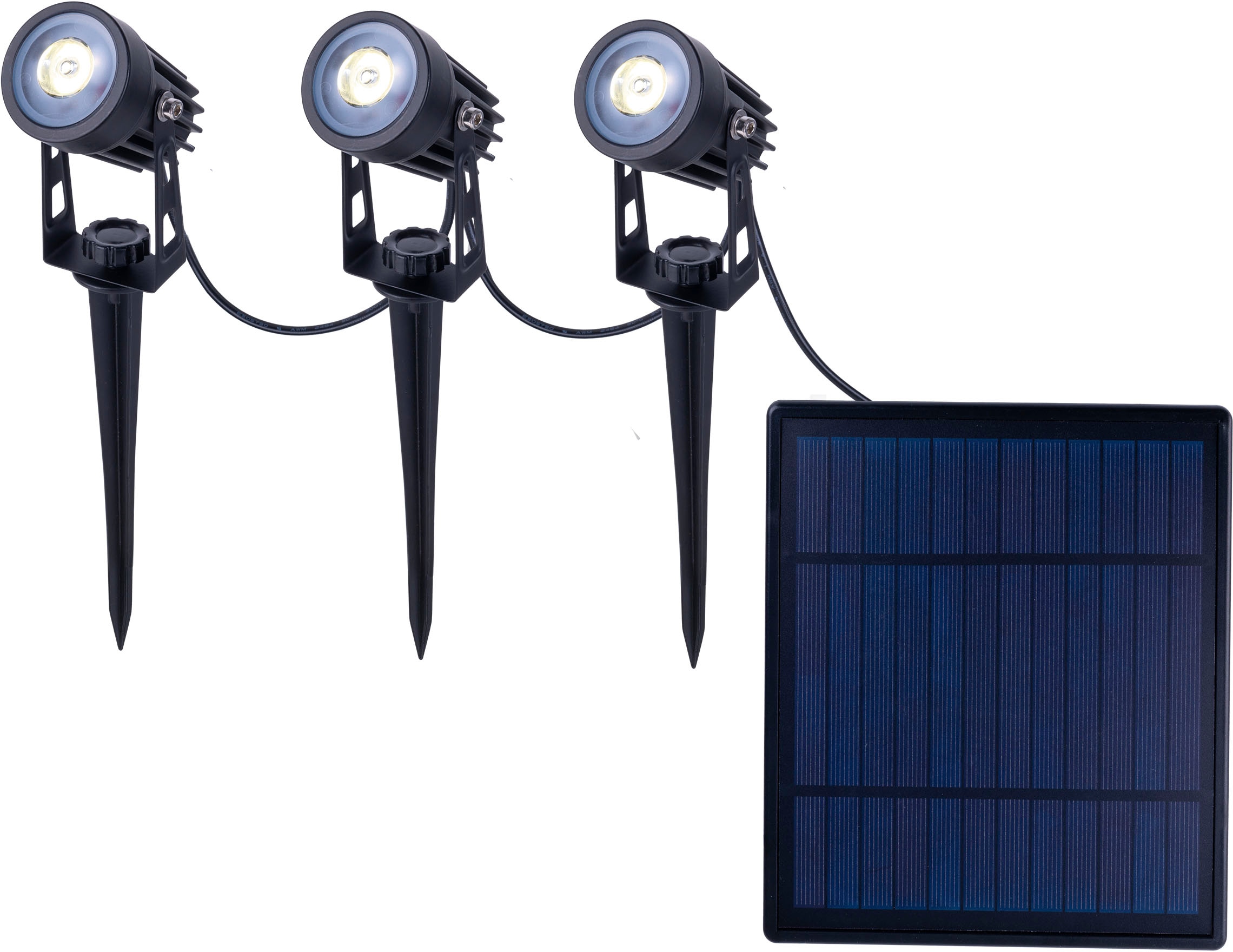 näve LED Solarleuchte "Spoti", 3 flammig, 3er LED Solarspot mit Erdspieß inkl. Solarpanel Zuleitung 6m