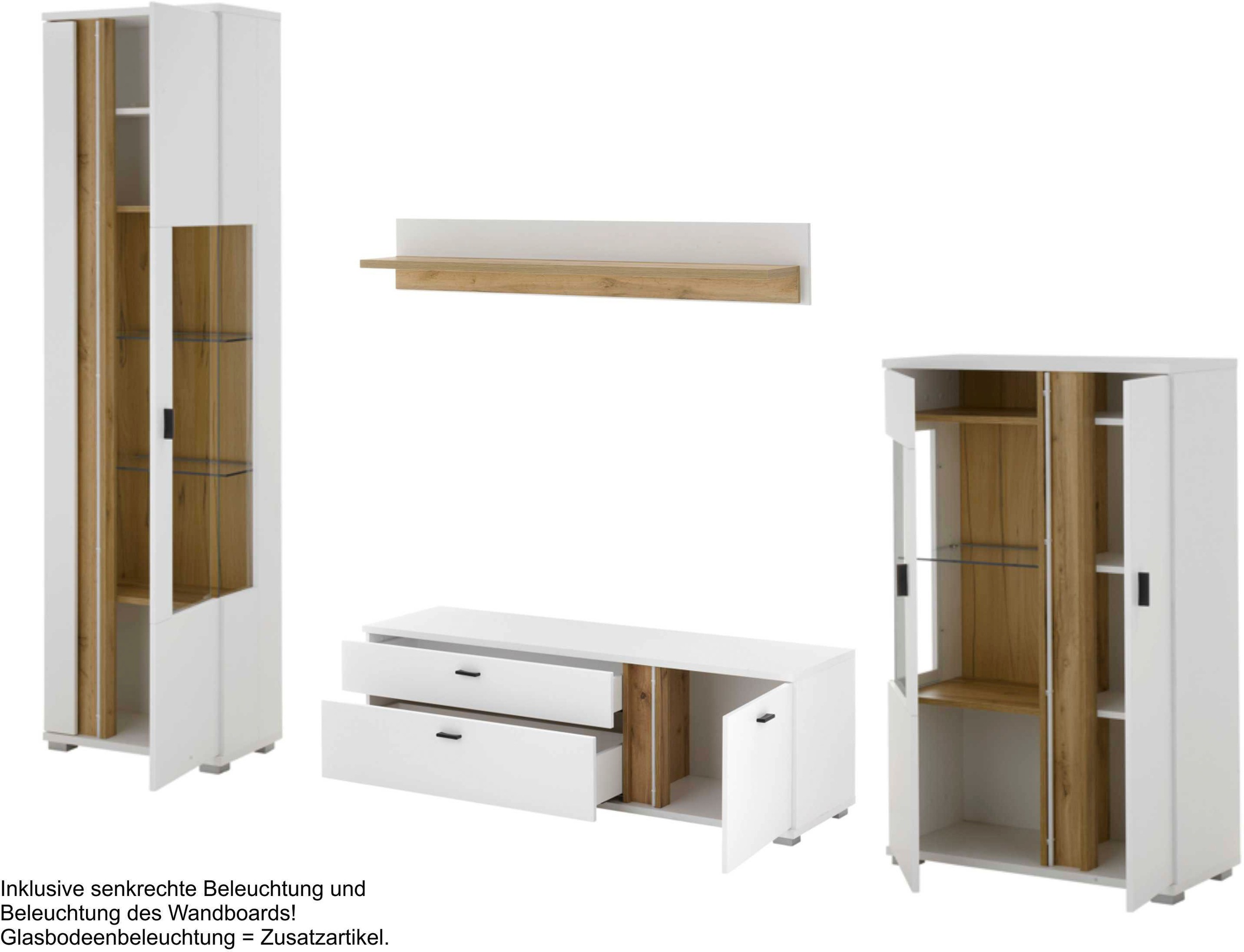 INOSIGN Wohnwand »LONG ISLAND«, (Set, 4 St.), in moderner Trendfarbe,inklusive senkrechter Beleuchtung,Breite 305 cm