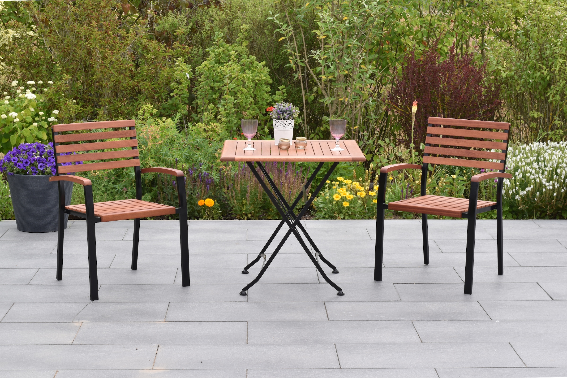 MERXX Garten-Essgruppe ""Schlossgarten"", (Set, 3 tlg., Geöltes Eukalyptusholz), Tisch klappbar: LxB: 75x75 cm