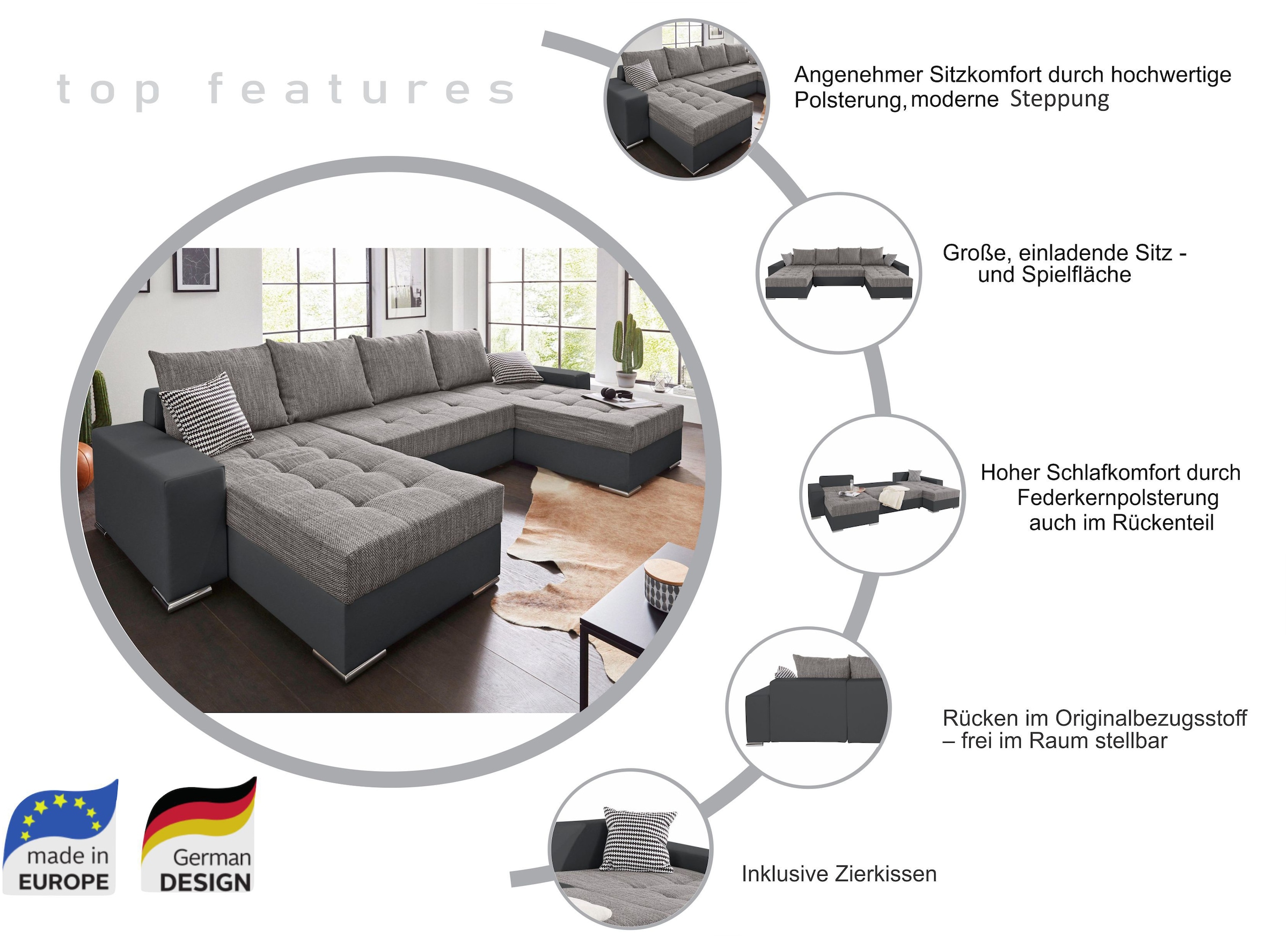 COLLECTION AB Wohnlandschaft »Josy XL U-Form, B: 313 cm in Kunstleder-Mix, Microfaser«, mit Bettfunktion, Bettkasten & 2 Zierkissen, Federkern