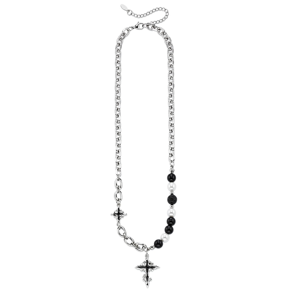 Bruno Banani Kette mit Anhänger »Schmuck Geschenk Edelstahlkette mit Kreuz schwarz emalliert« mit Lavastein - mit Perle (imitiert)
