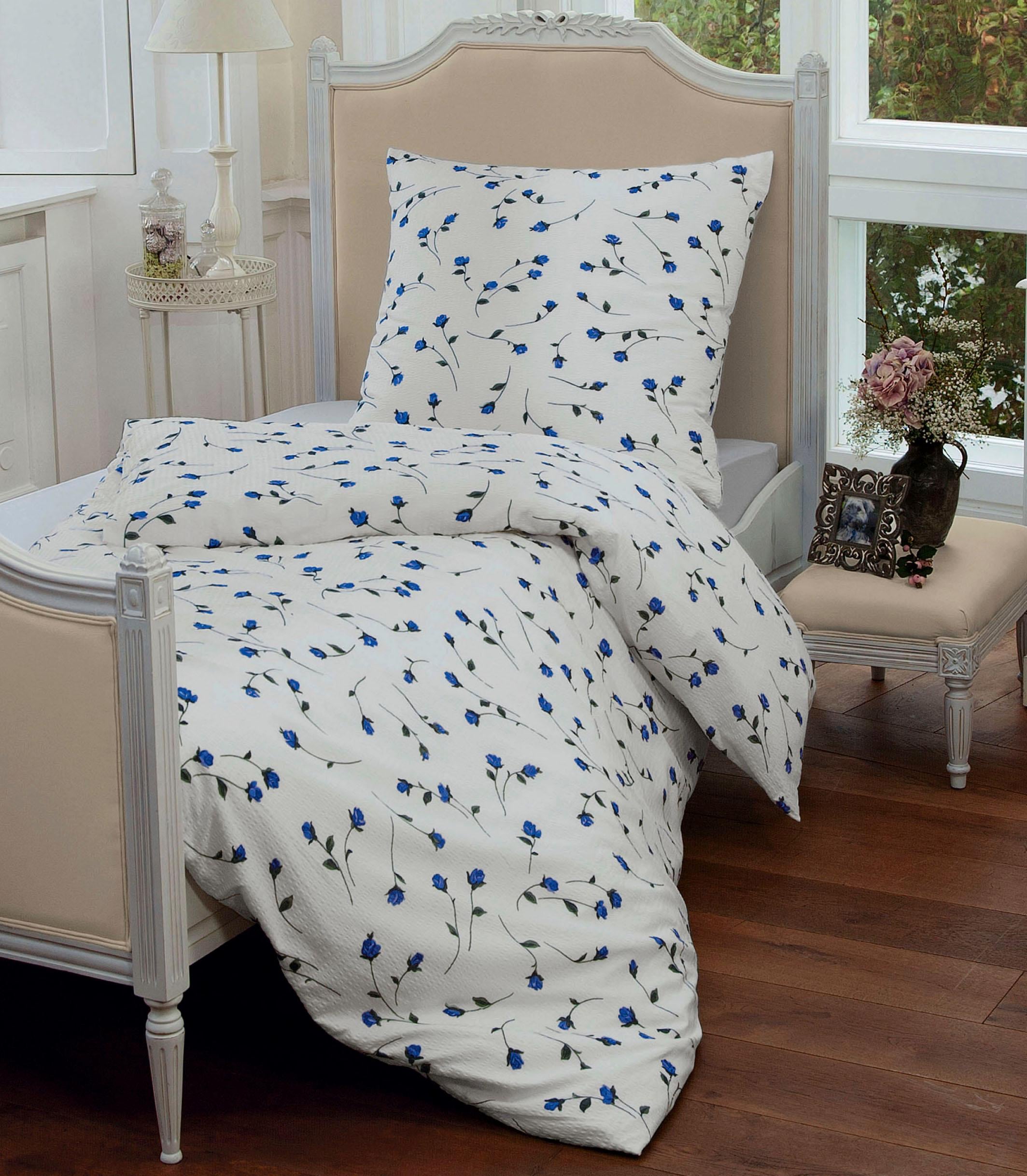 Bettwäsche JANINE, blau, Seersucker, Obermaterial: 100% Baumwolle, Bettwäsche, "Tango", geblümte Bettwäsche aus Baumwolle, Bettwäsche mit