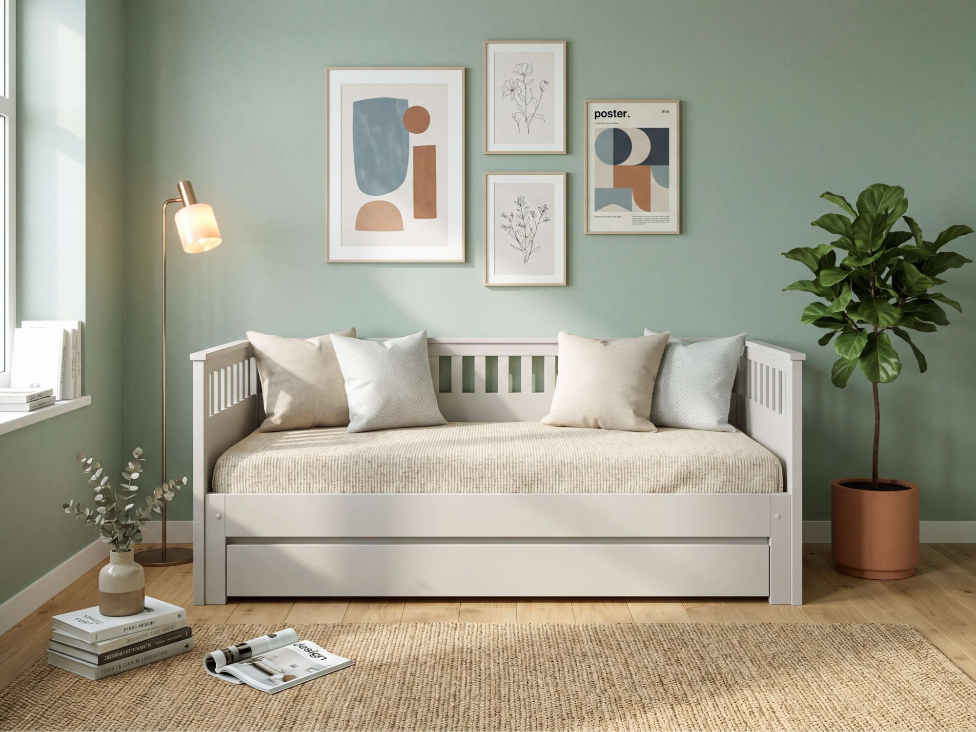 OTTO home Daybett »Morrick, ausziehbar, 2 Schlafplätze + Schublade, Cashmere Beige« massive Kiefer, schöne Sprossenoptik, Stauraum, Skandi Look