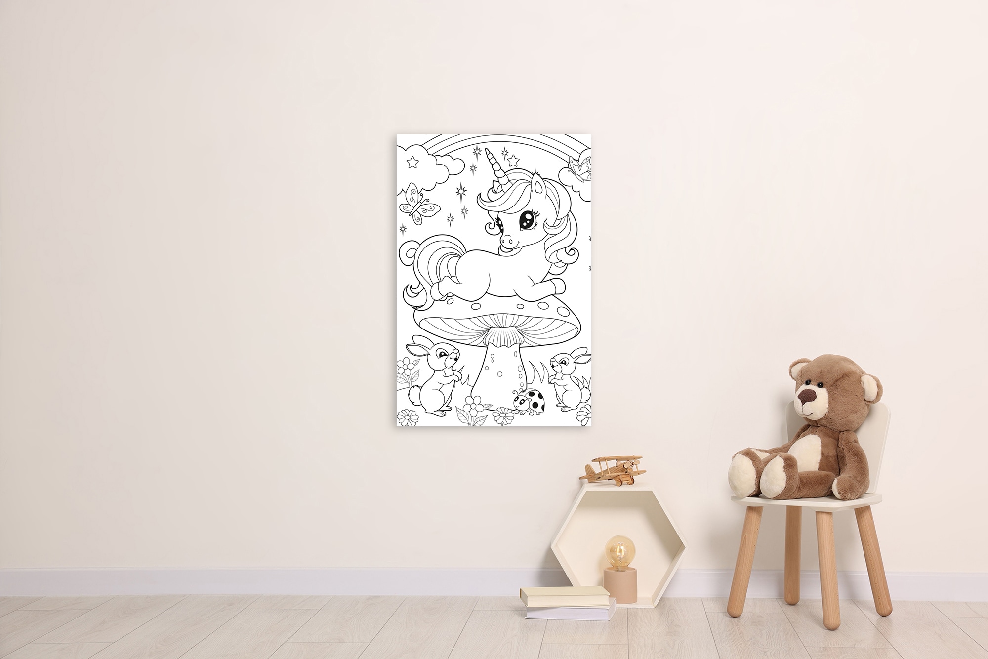 queence Bild »Einhorn auf Fliegenpilz«, Blätter-Blätterbilder-Einhorn-Figuren-klassische Fantasie-Märchen-Mädchen-Märchenbilder-Regenbogen-Schmetterlinge, (1 St.), DIY Wandbild aus Dibond