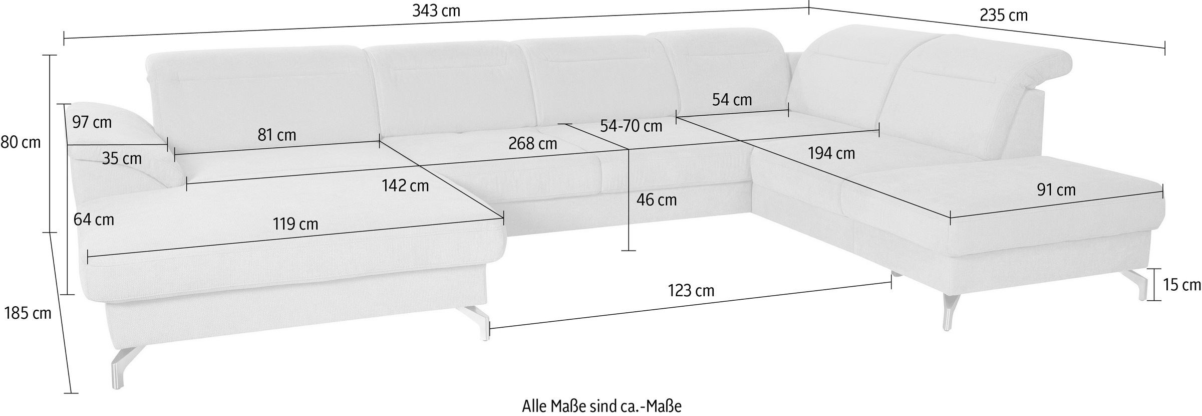 sit&more Wohnlandschaft »Percy U-Form«, 12 cm Fußhöhe, Sitztiefenverstellung, wahlweise in 2 Fußfarben