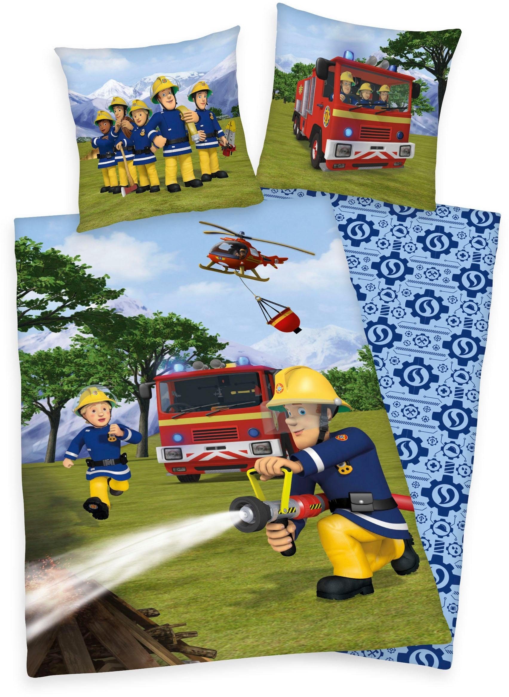 Feuerwehrmann Sam Kinderbettwäsche "Feuerwehrmann Sam", mit Löschzug und Helikopter