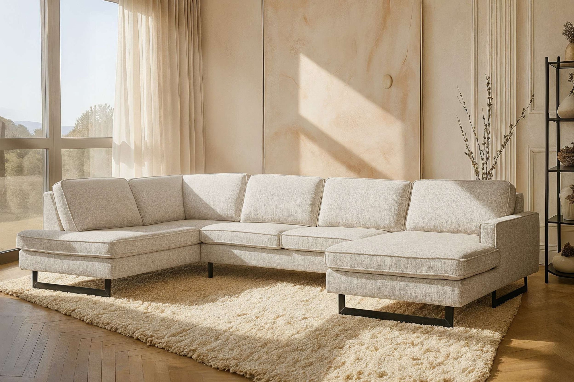 OTTO home Wohnlandschaft "Pinto, 350 cm, U-Form, XXL, mit Ottomanen" Cord, Chenille, Lederoptik, mit Keder, Metallfüße, Wellenunterfederung