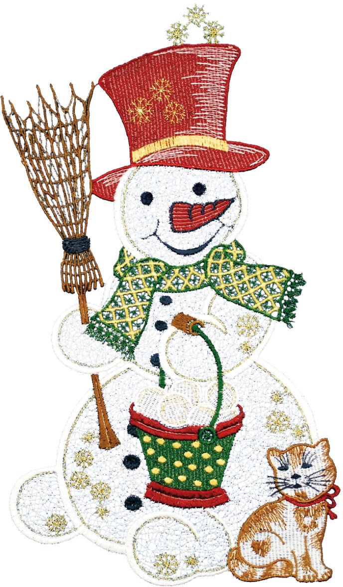 W. Reuter & Sohn - Plauener Spitze "Schneemann mit Katze" Made in Germany