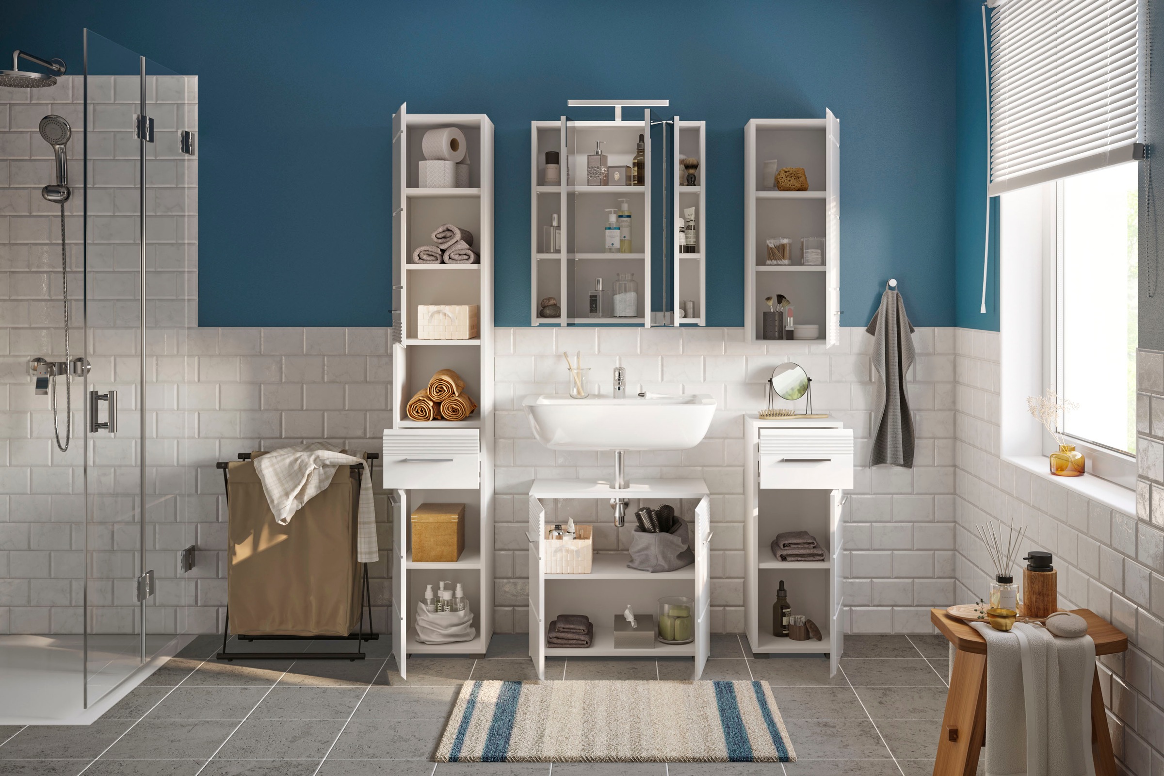 INOSIGN Badmöbel-Set »Malmö, 5 teilig, inklusive LED Beleuchtung, bestehend aus:«, (Set, 5 St.), Hochschrank, WBU, Spiegelschrank, Unterschrank, Hängeschrank