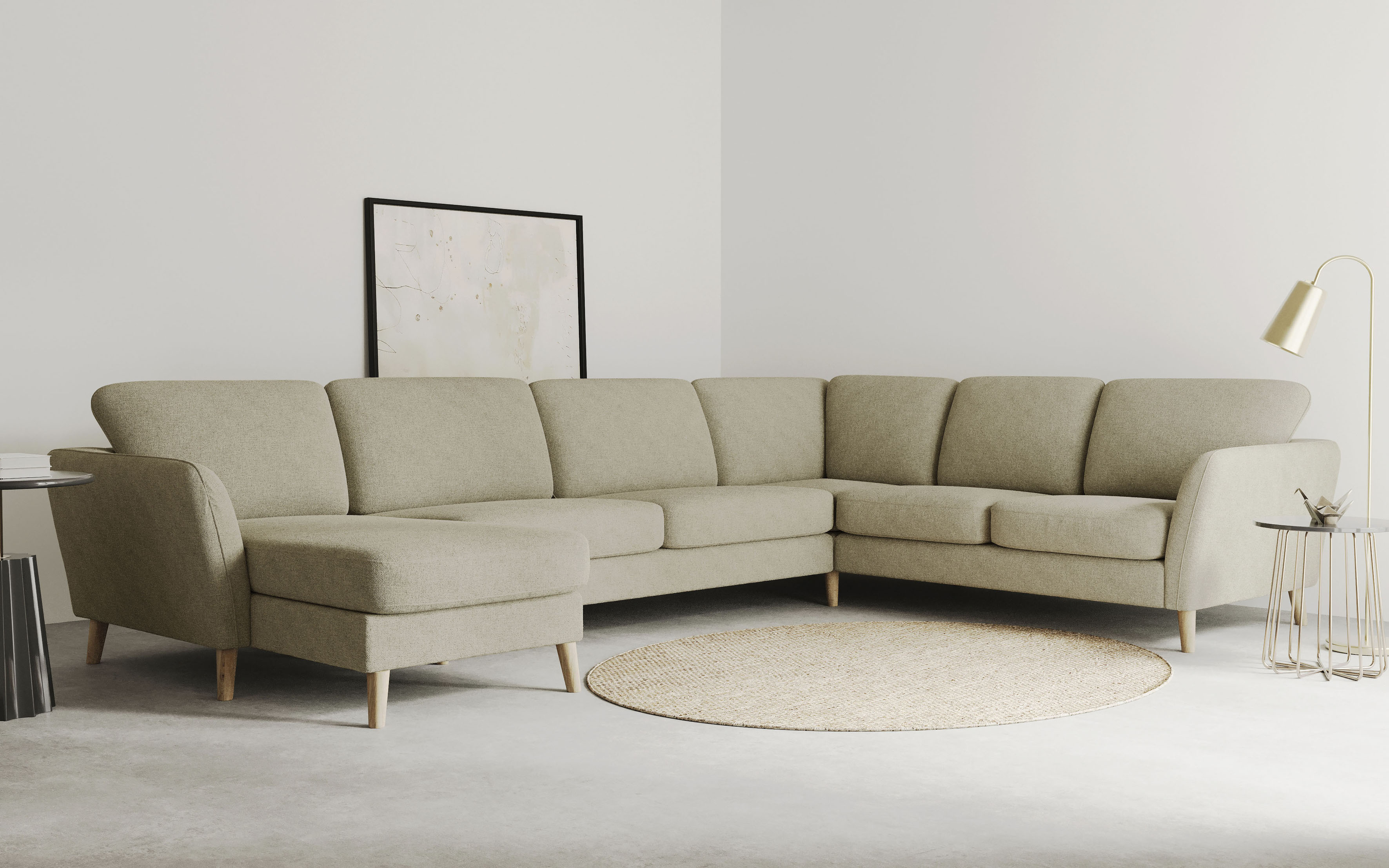OTTO home Wohnlandschaft "MARSEILLE XXL 349cm, U-Form, Ottomane rechts/links wählbar" Massivholzbeine Eiche, Landhausstil, Wellenunterfederung
