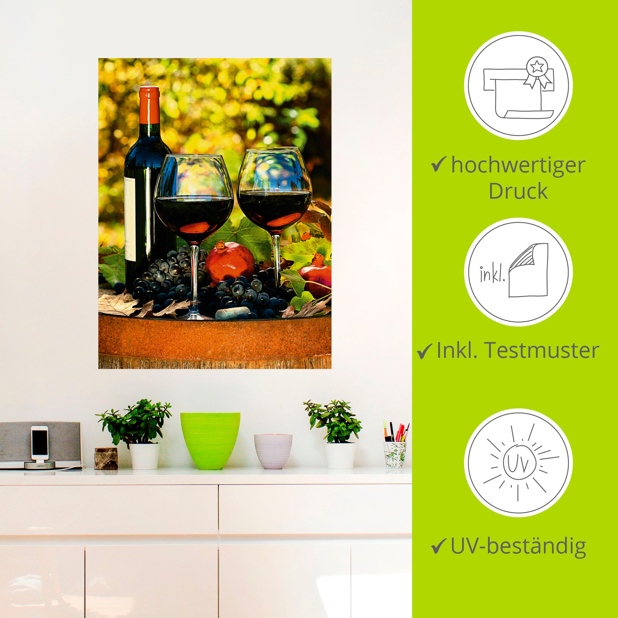 Artland paveikslas »Gläser Rotwein ant altem Fass« Getränke (1 St.) kaip Plakatas Sienos lipdukai in verschied. dydžiai